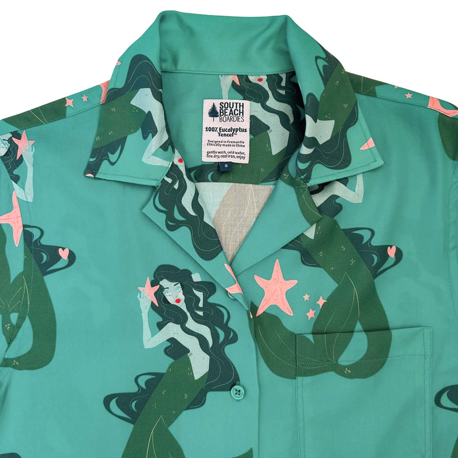 South Beach Boardies Women's Eucalyptus Tencel Cubano shirt in Mermaid, close up of collarSouth Beach Boardies Women's Eucalyptus Tencel Cubano shirt in Mermaid, close up of collar
