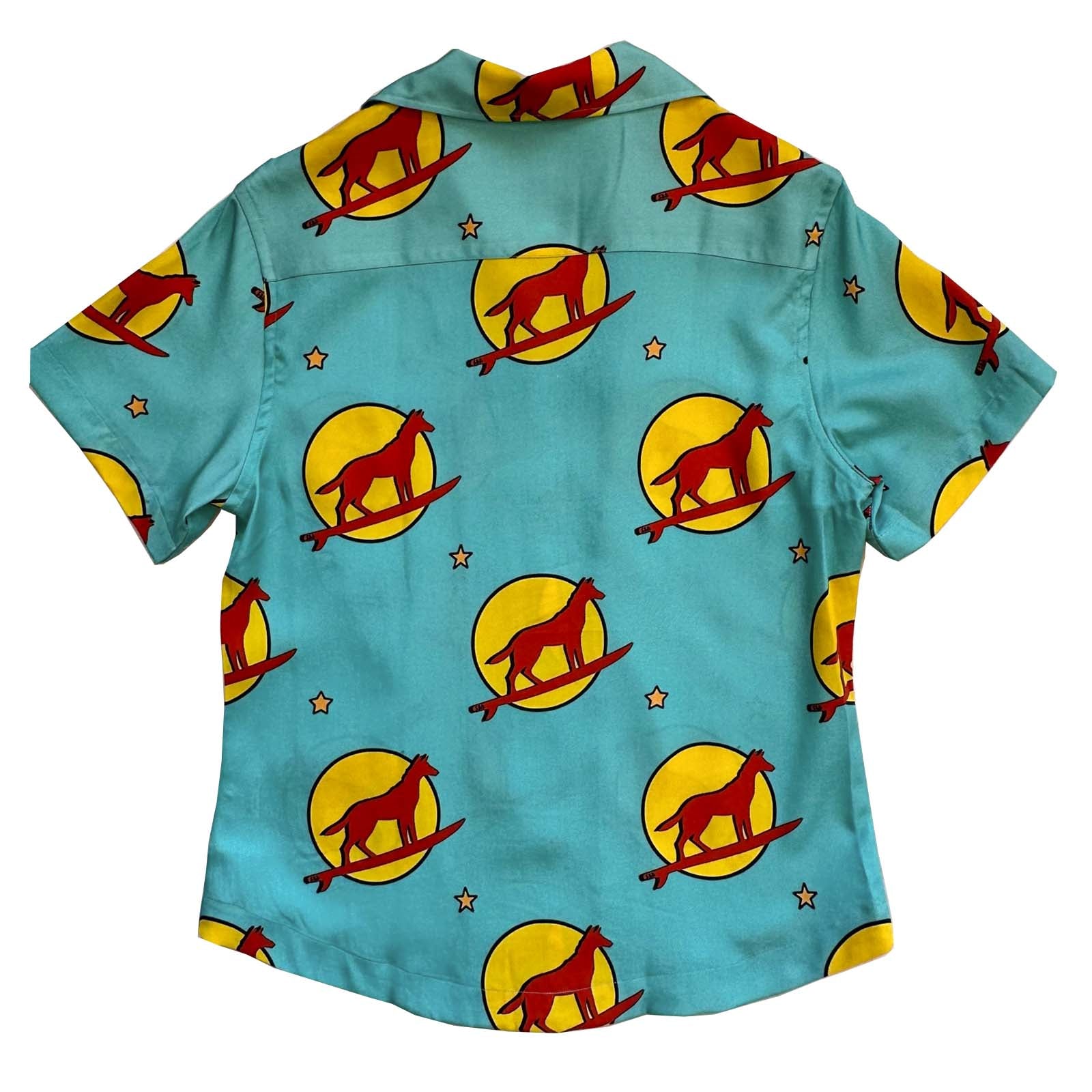 South Beach Boardies Women's Eucalyptus Tencel Cubano shirt in Sunset Dingo print, back view.