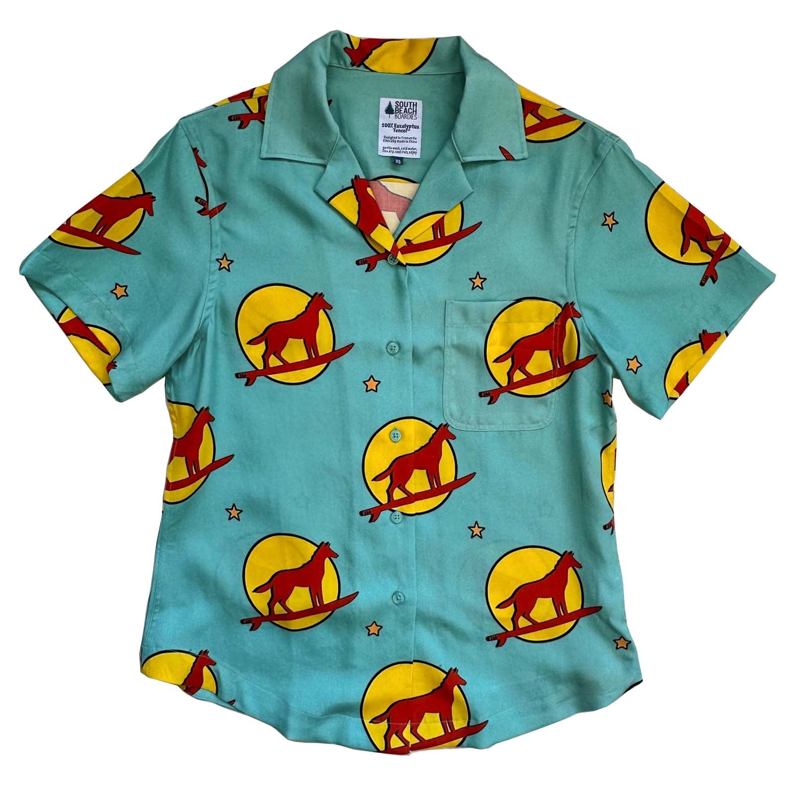 South Beach Boardies Women's Eucalyptus Tencel Cubano shirt in Sunset Dingo print, front view.