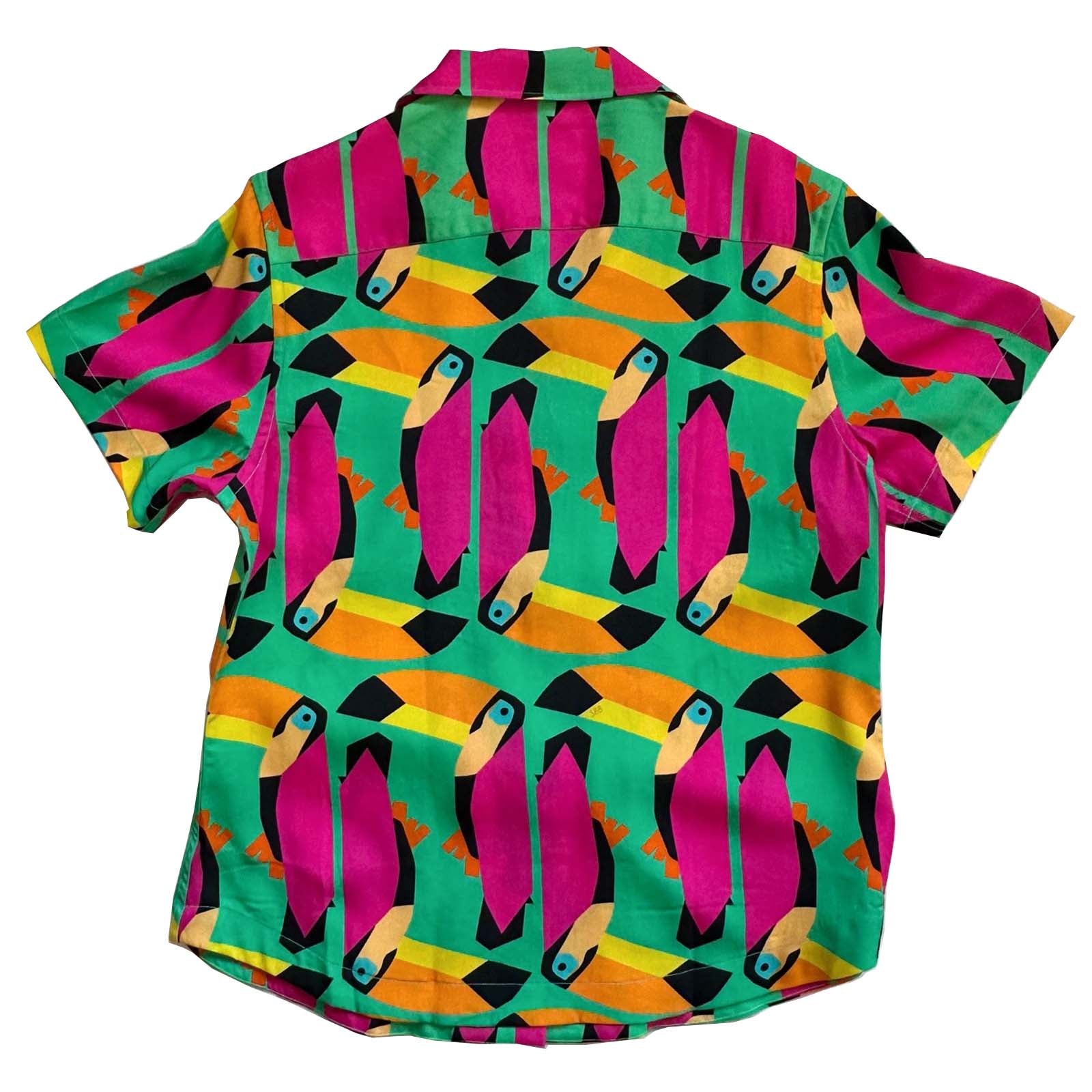 South Beach Boardies Women's Eucalyptus Tencel Cubano shirt in Toucan print, back view