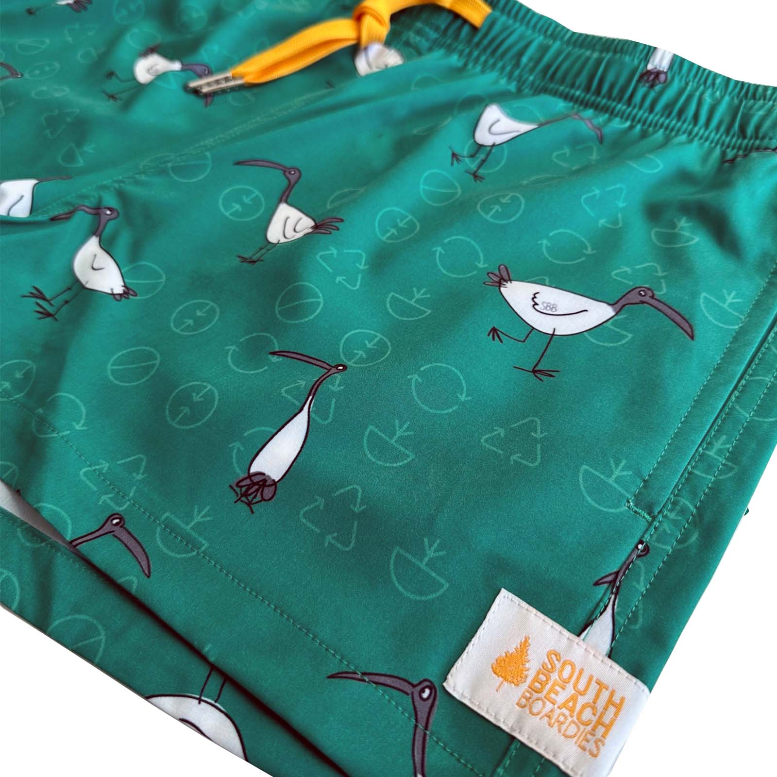 South Beach Boardies Women's Stretchy Shorts in Bin Chickens, made from recycled plastic bottles, side angleview