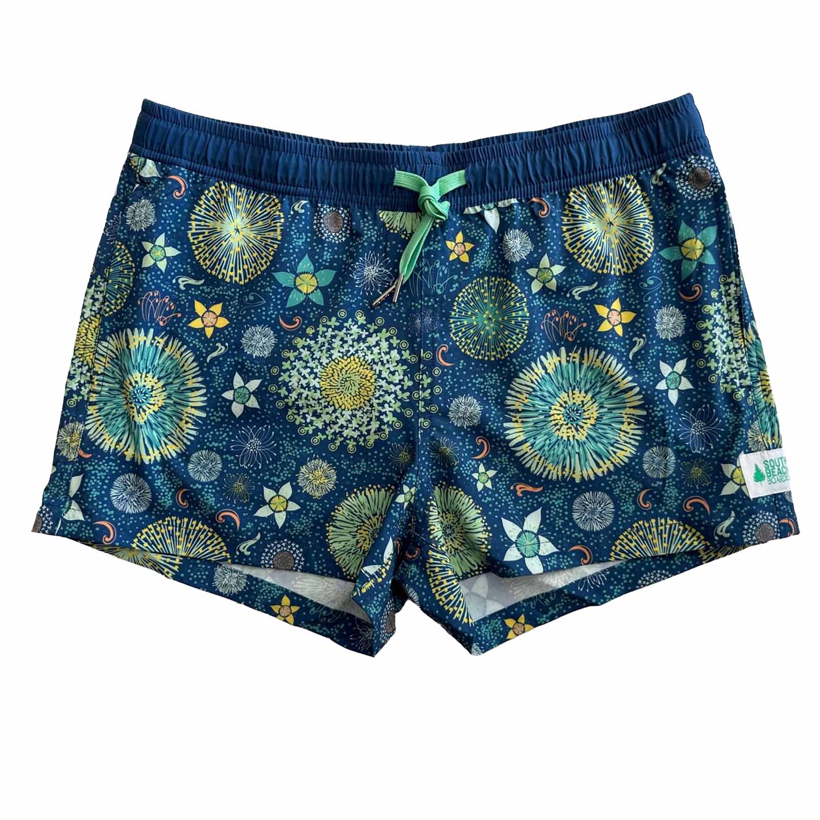 South Beach Boardies Women's Stretchy Shorts in In Bloom, made from recycled plastic bottles, front view 
