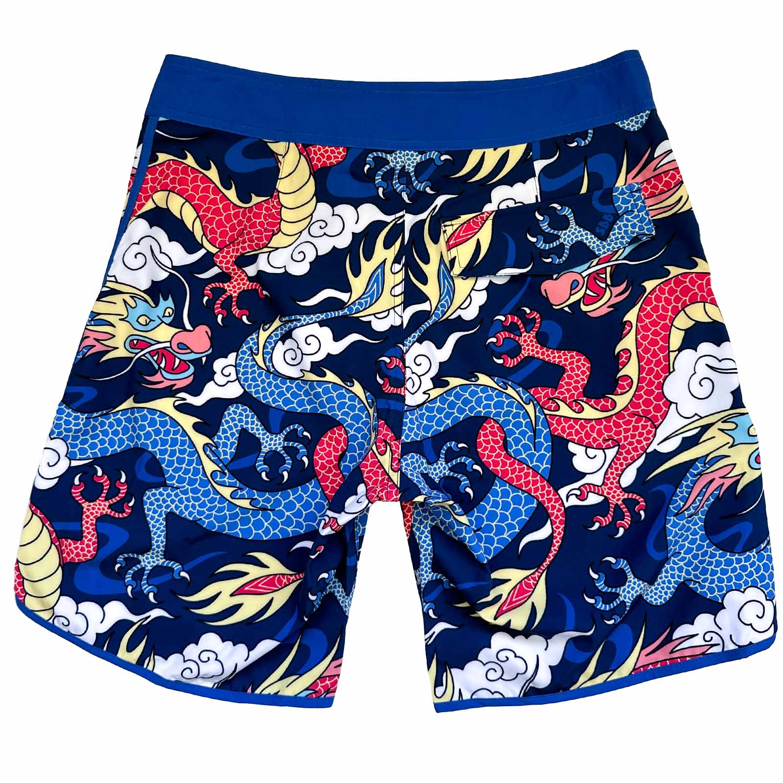 South Beach Boardies made from Recycled Plastic Bottles Mens Retro Piping boardies made from recycled plastic botles, Year of the Dragon print, back  view.psd