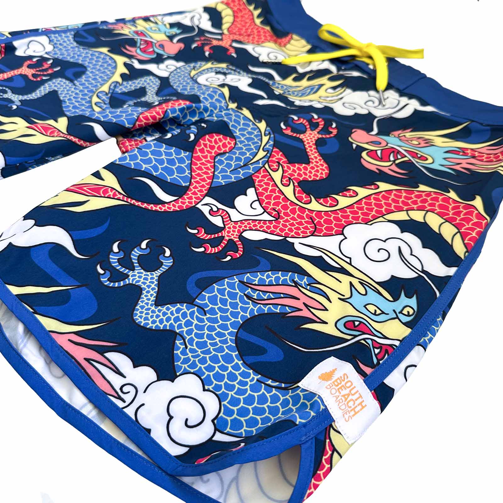 South Beach Boardies made from Recycled Plastic Bottles Mens Retro Piping boardies made from recycled plastic botles, Year of the Dragon print, side view.