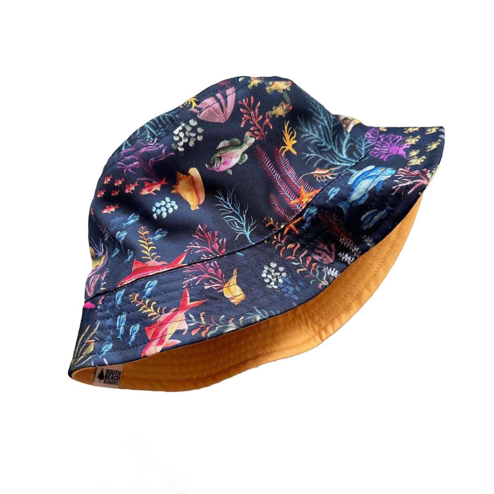 South Beach Boardies reversible bucket hat from recycled plastic bottles, solid print side, Underwater print.