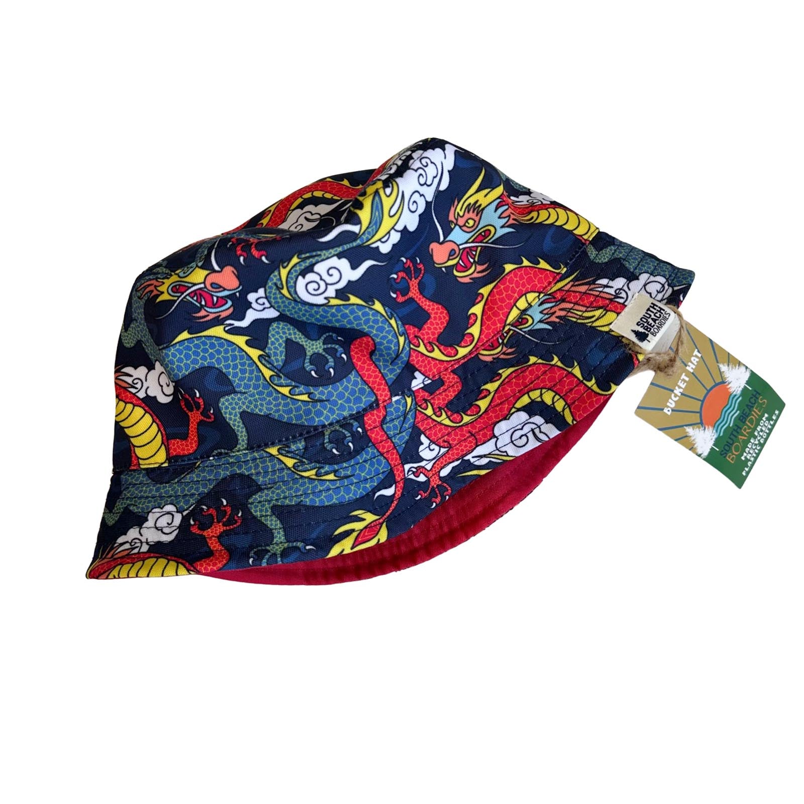 South Beach Boardies reversible bucket hat from recycled plastic bottles, solid print side, Year of the Dragon print