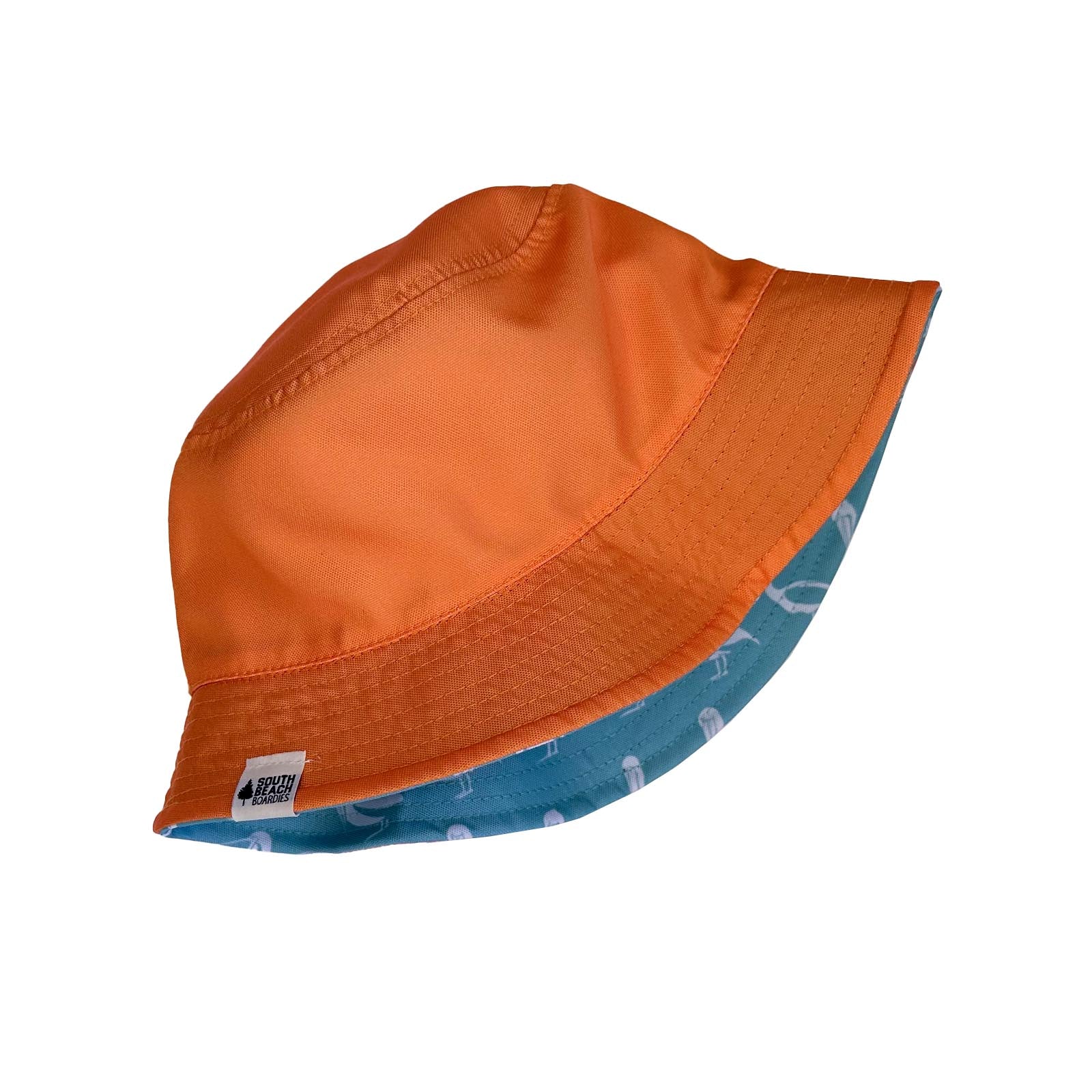 South Beach Boardies reversible bucket hat from recycled plastic bottles, solid print side, penguin reverse orange side