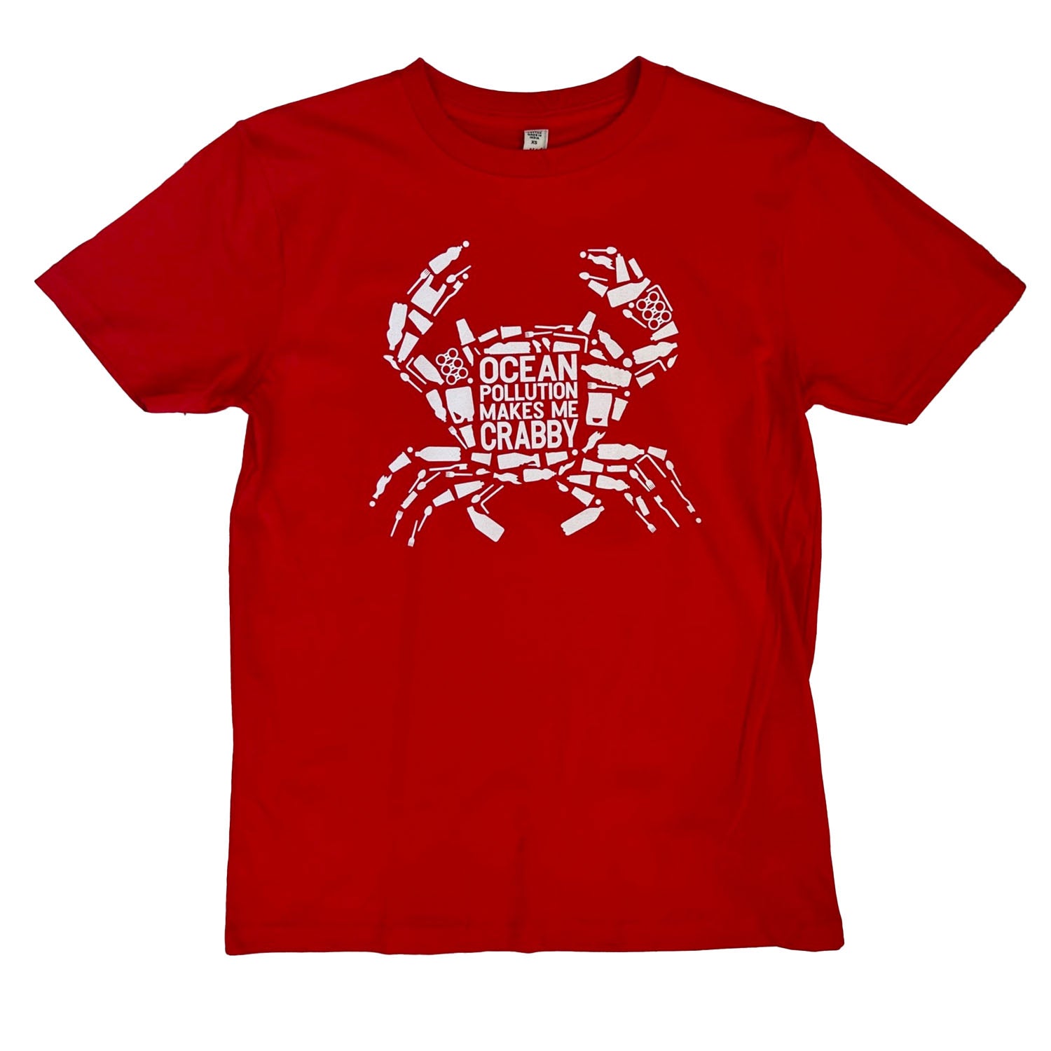 South Beach Boardies unisex red crabby organic cotton tshirt  front, by South Beach Boardies