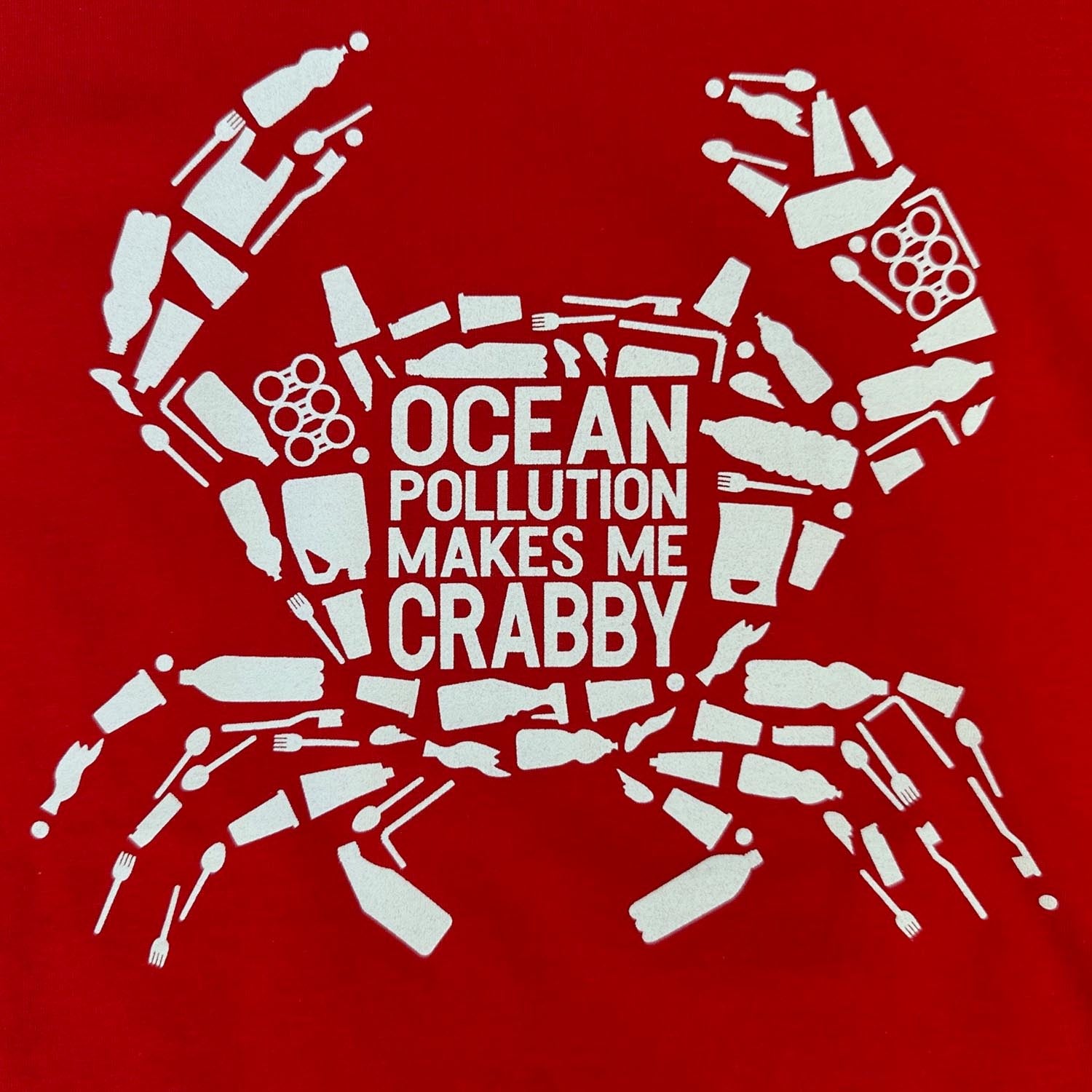 South Beach Boardies unisex red crabby organic cotton tshirt  front, by South Beach Boardies, close up