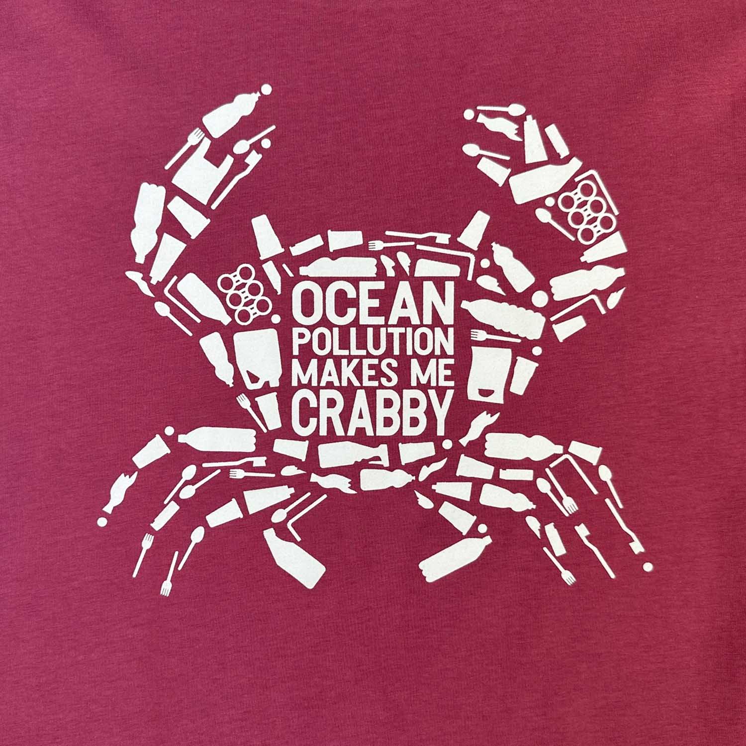 South Beach Boardies women's berry colour crabby organic cotton tshirt  front, by South Beach Boardies, close up