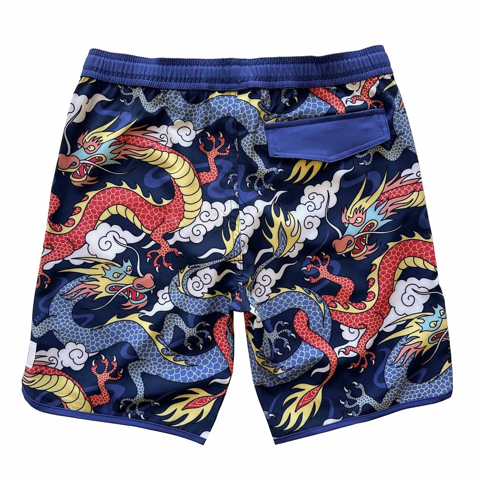 South Beach Boardies Kids Piping Board Shorts in Year of the Dragon print made from recycled plastic bottles, back view