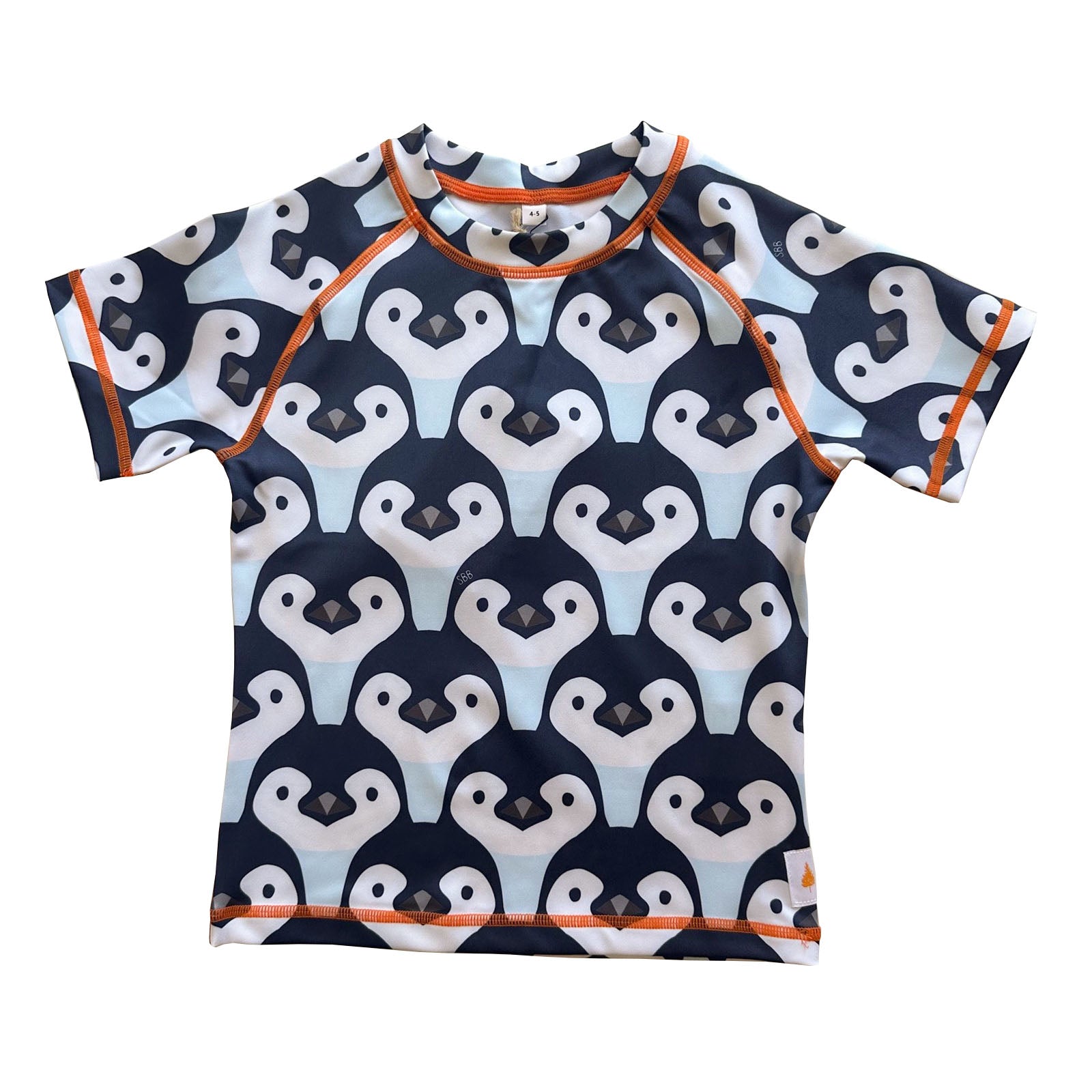 South Beach Boardies Kids Rashie made from recycled plastic bottles, Penguin Parade print, front 
