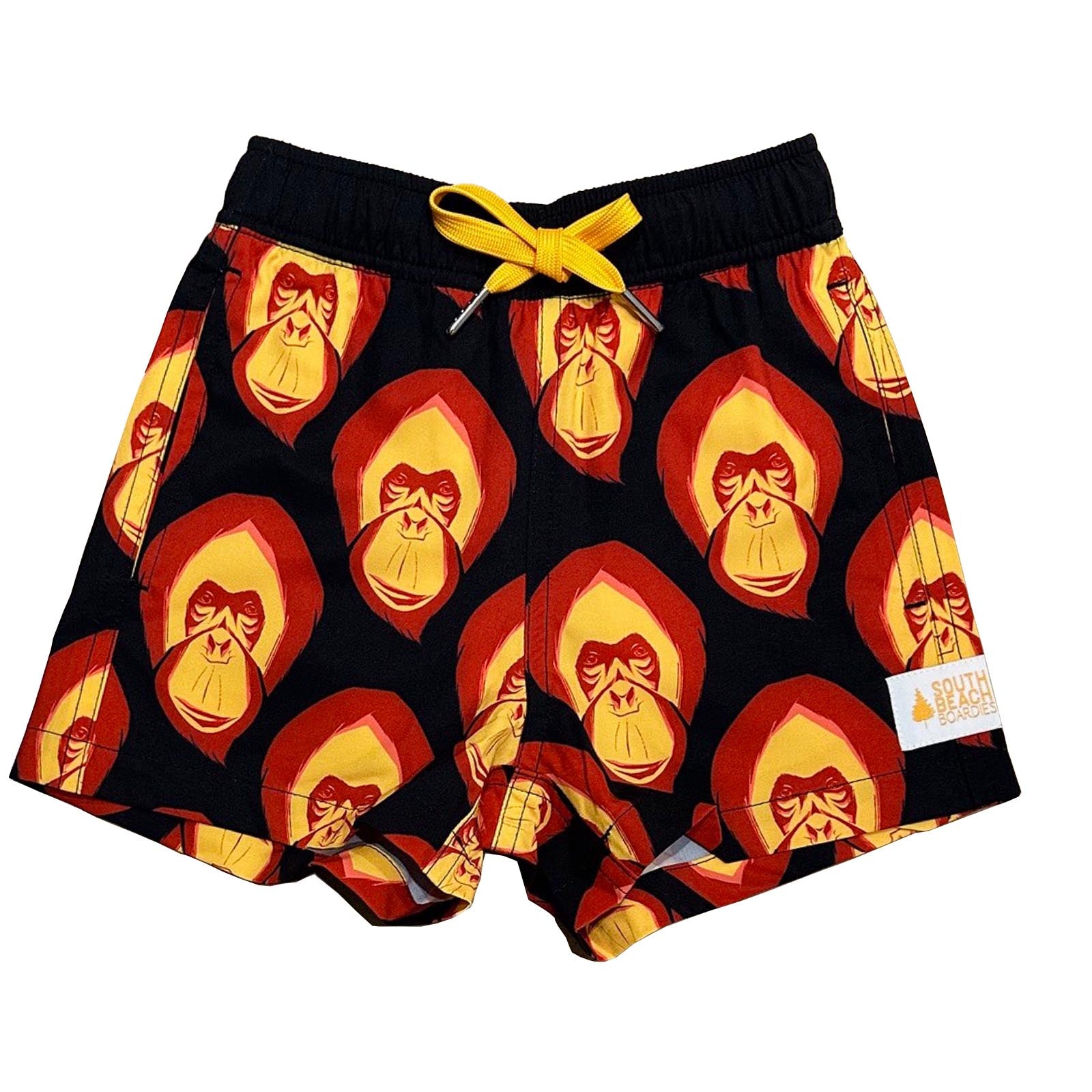 South Beach Boardies Kids Stretchy Trunks made from recycled plastic bottles, Orangutan print front