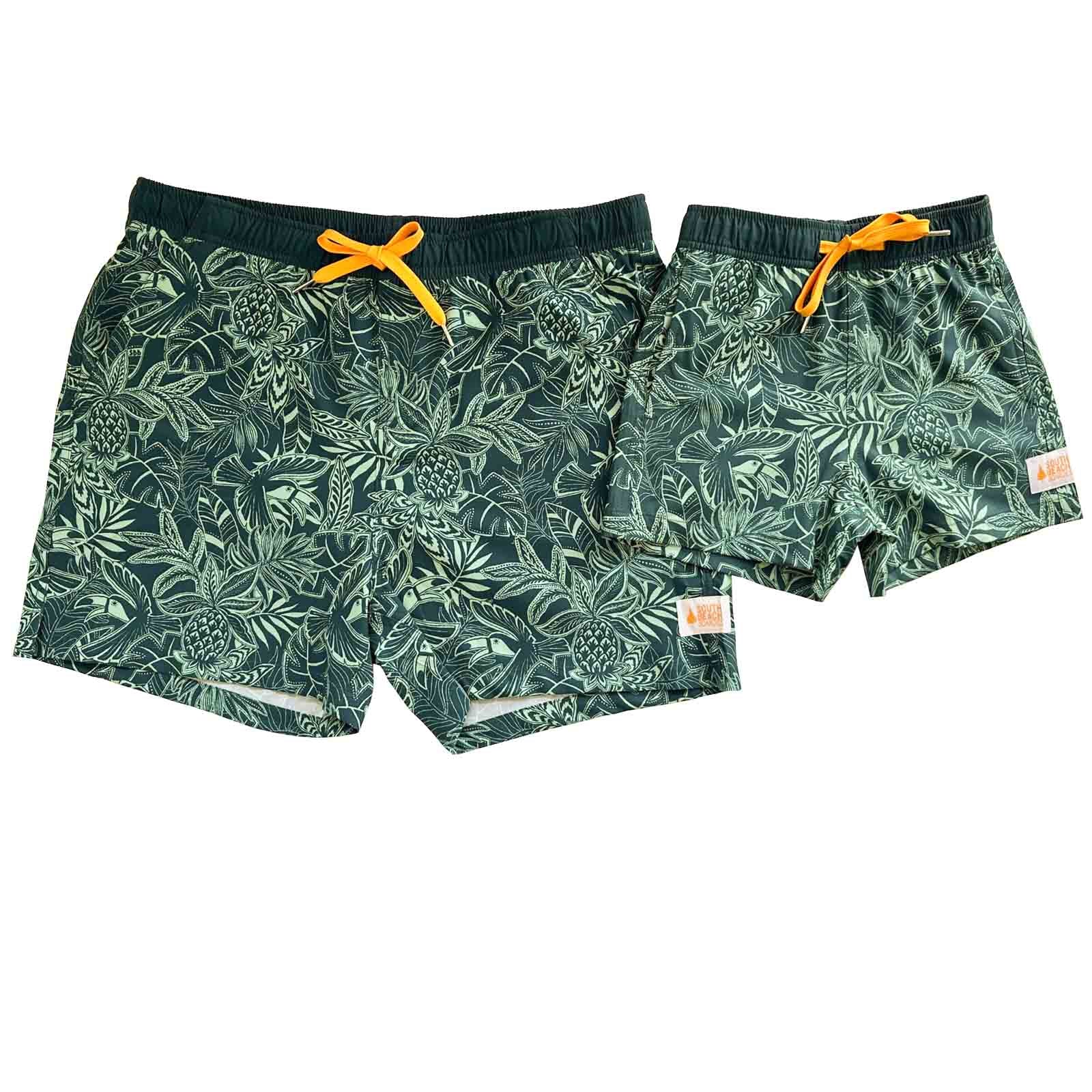 South Beach Boardies Kids and Mens Matching Stretchy Trunks made from recycled plastic bottles, Tropics print