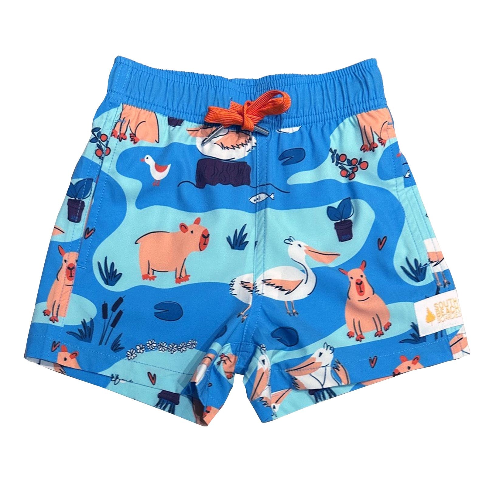 South Beach Boardies Kids's Stretchy Trunks made from recycled plastic bottles, Capybara and crew front