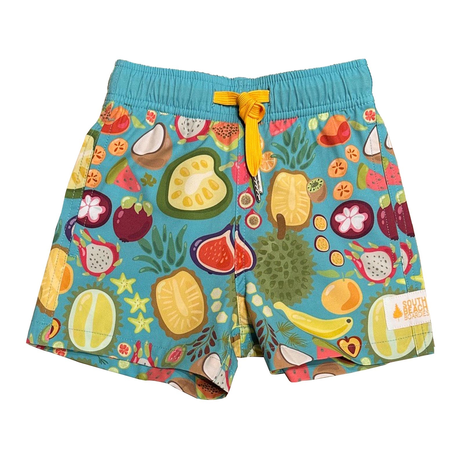 South Beach Boardies Kids's Stretchy Trunks made from recycled plastic bottles, Durian et al front copy