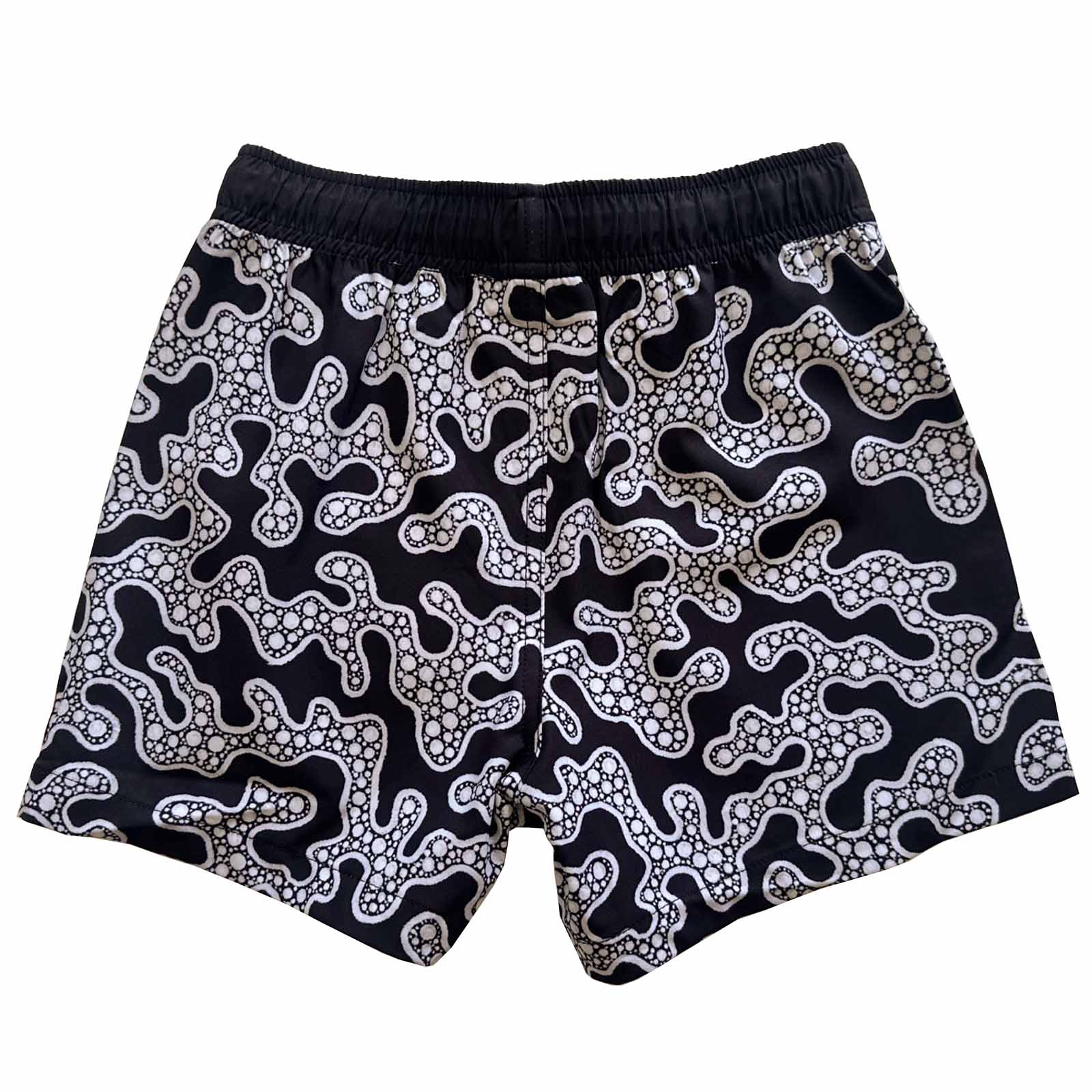 South Beach Boardies Kids's Stretchy Trunks made from recycled plastic bottles, Yanu Winja Yungurra CReations collaboration print back view