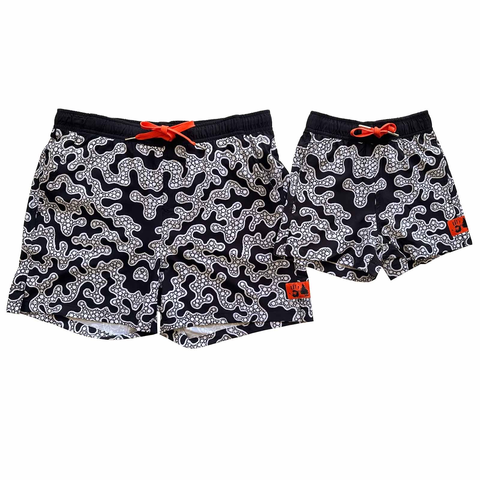 South Beach Boardies Matchings Dads and Kids's Stretchy Trunks made from recycled plastic bottles, Yanu Winja Yungurra CReations collaboration print front view