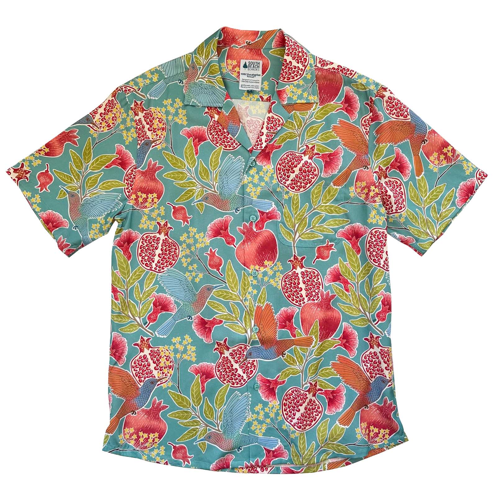 South Beach Boardies Men's Cubano Shirt made from Eucalyptus Tencel in POMEGRANATE print, front VIEW