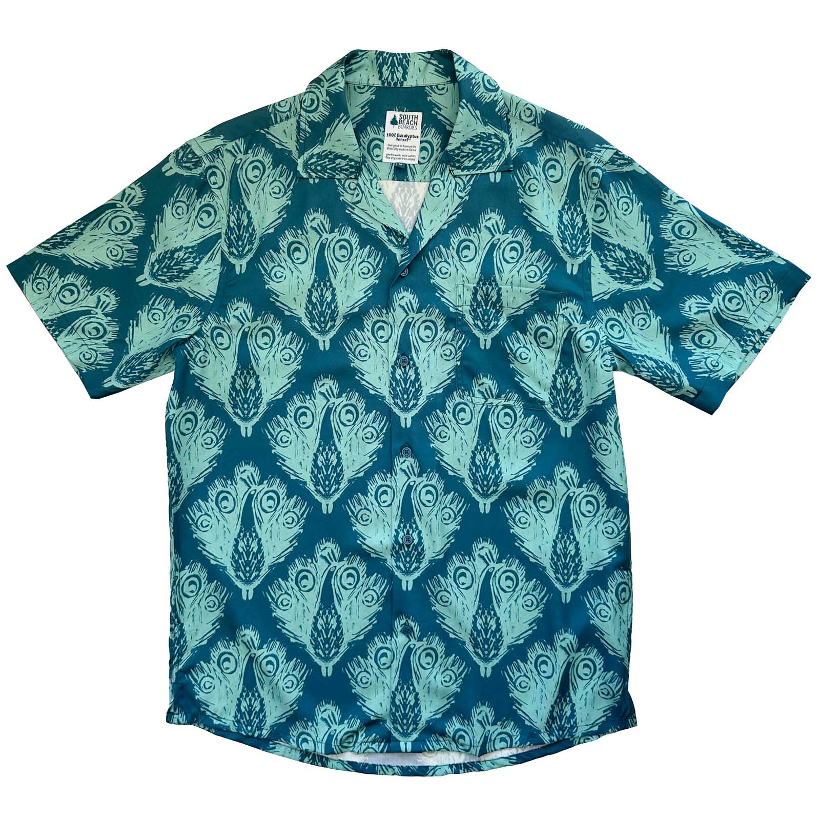 South Beach Boardies Men's Cubano Shirt made from Eucalyptus Tencel in Peacock Blue print, front view