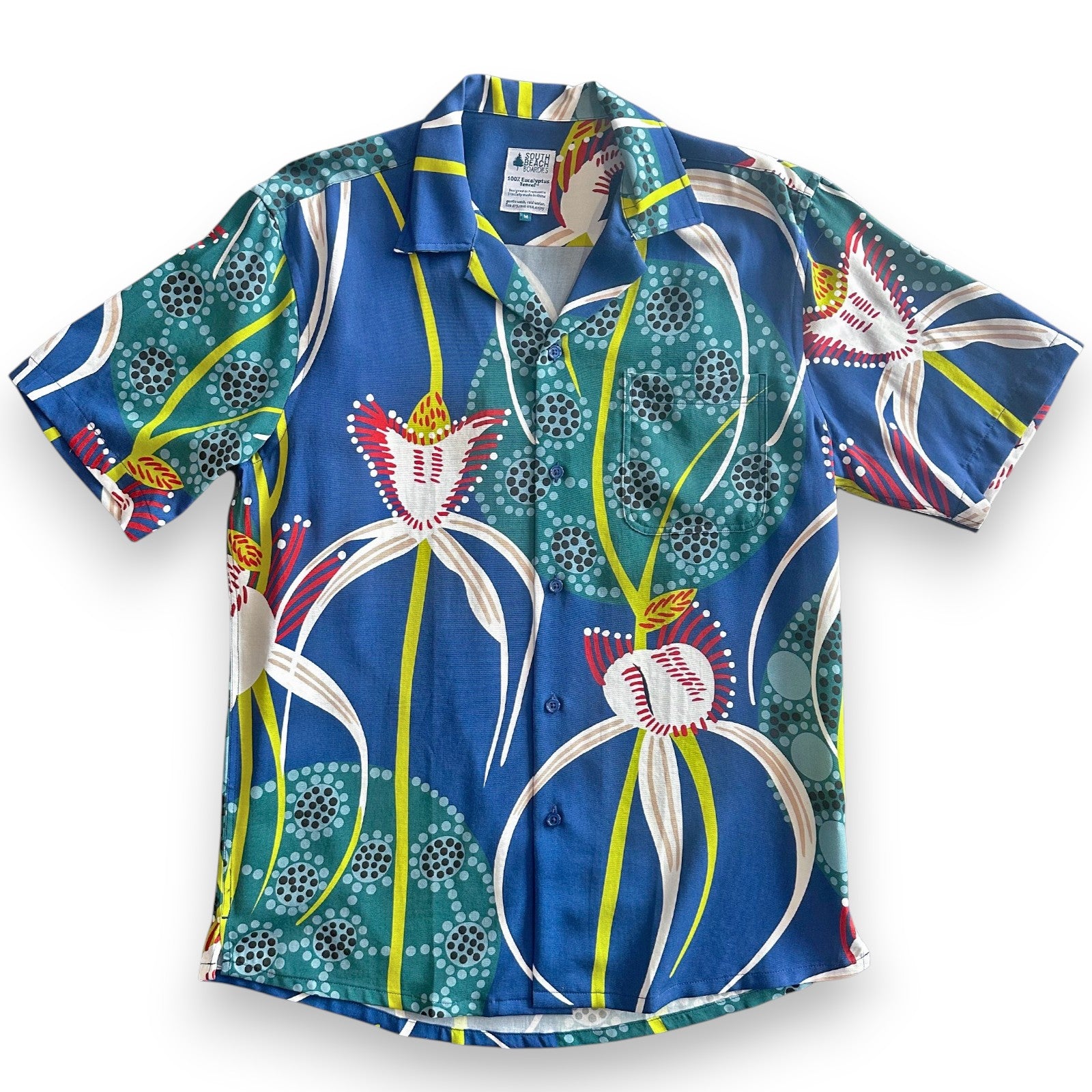 South Beach Boardies Helen Ansell Collection, Men's Cubano Shirt in Spider Orchid print, front view