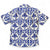 South Beach Boardies Men's Cubano Shirt made from Eucalyptus Tencel in Tangier, front view - a tropical blue and white patterned shirt with palm tree design on a white background