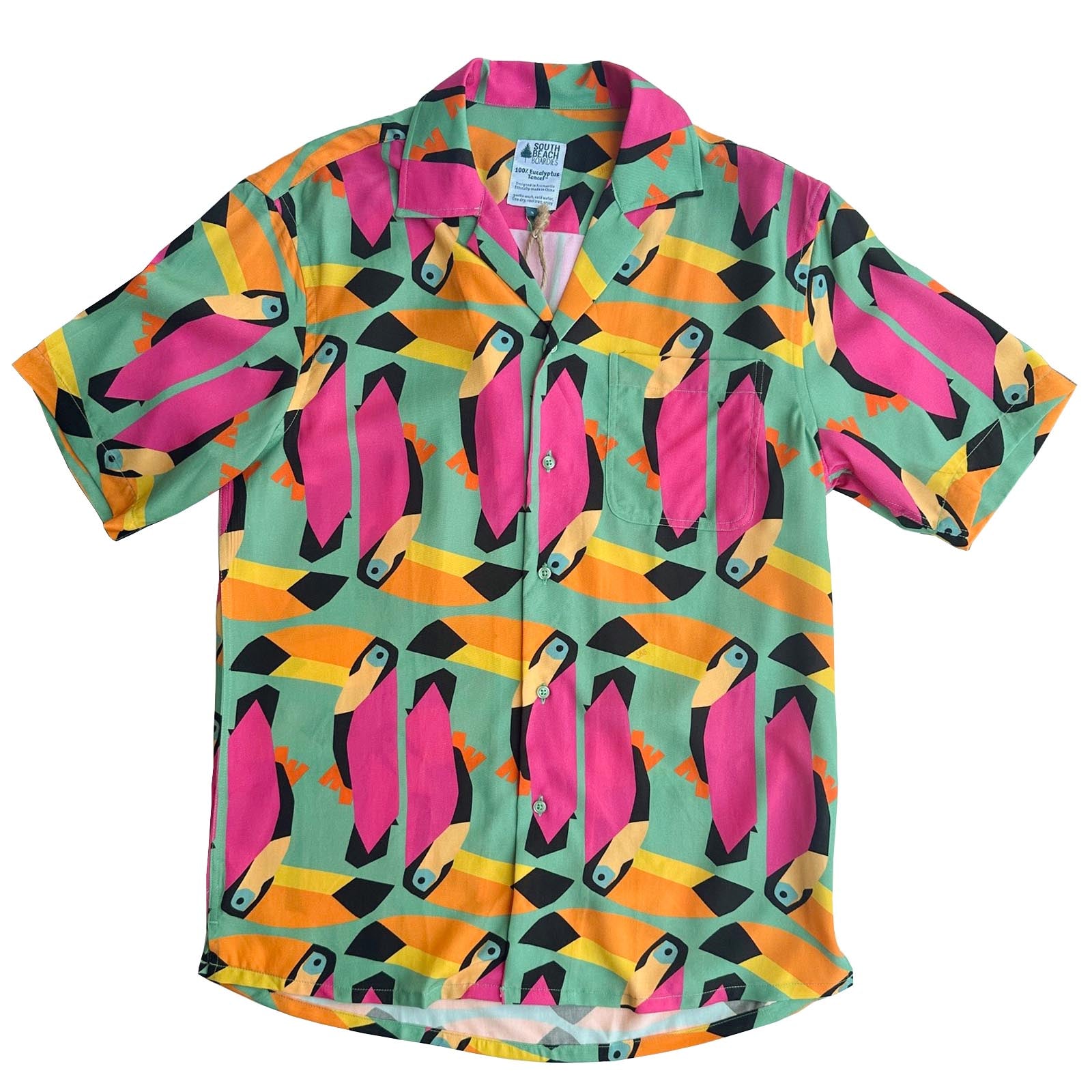 South Beach Boardies Men's Cubano Shirt made from Eucalyptus Tencel in Toucan print, front view
