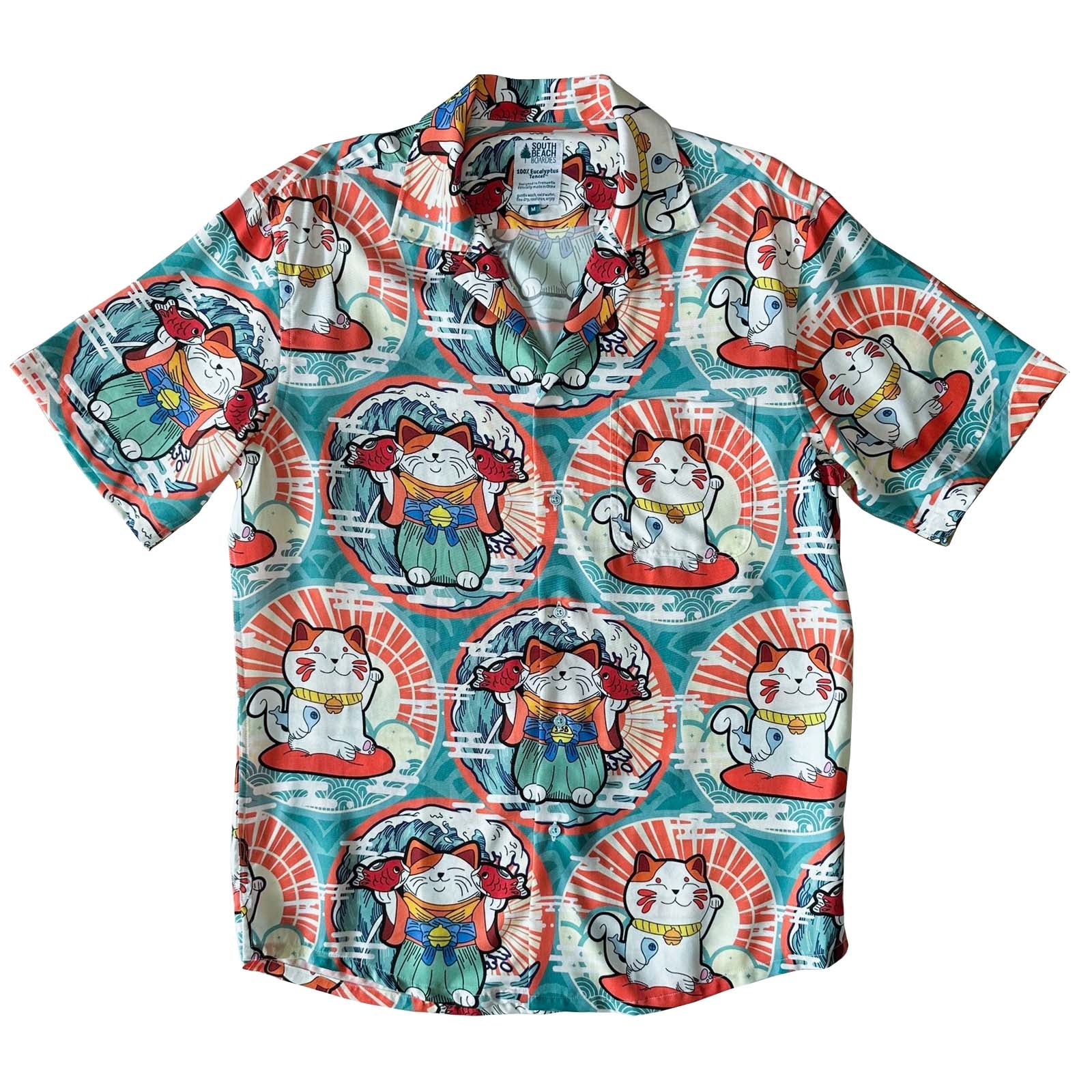 South Beach Boardies Men's Eucalyptus Tencel Cubano shirt in Beach Reads, Maneki Neko.