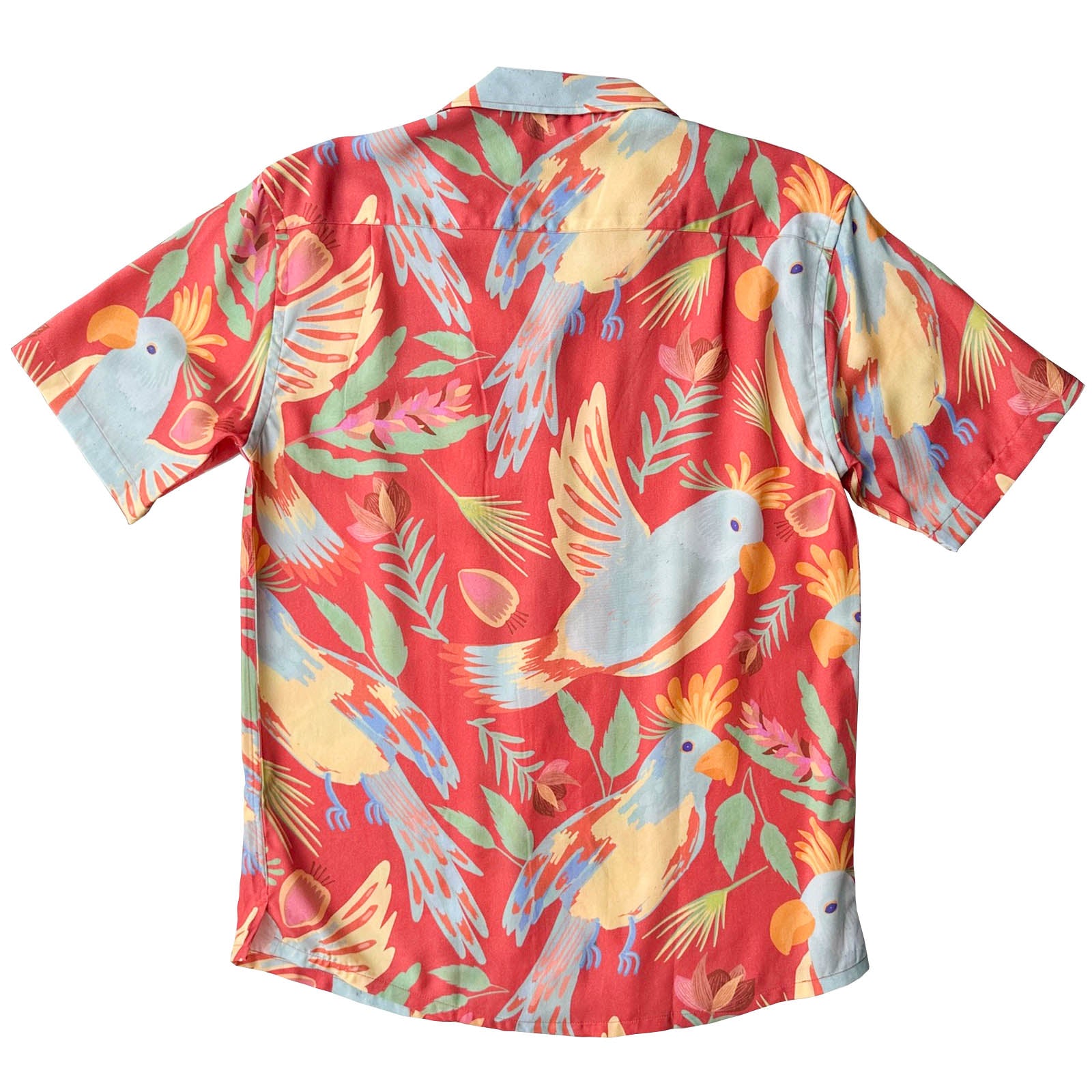 South Beach Boardies Men's Eucalyptus Tencel Cubano shirt in Parrots in Peach, back view