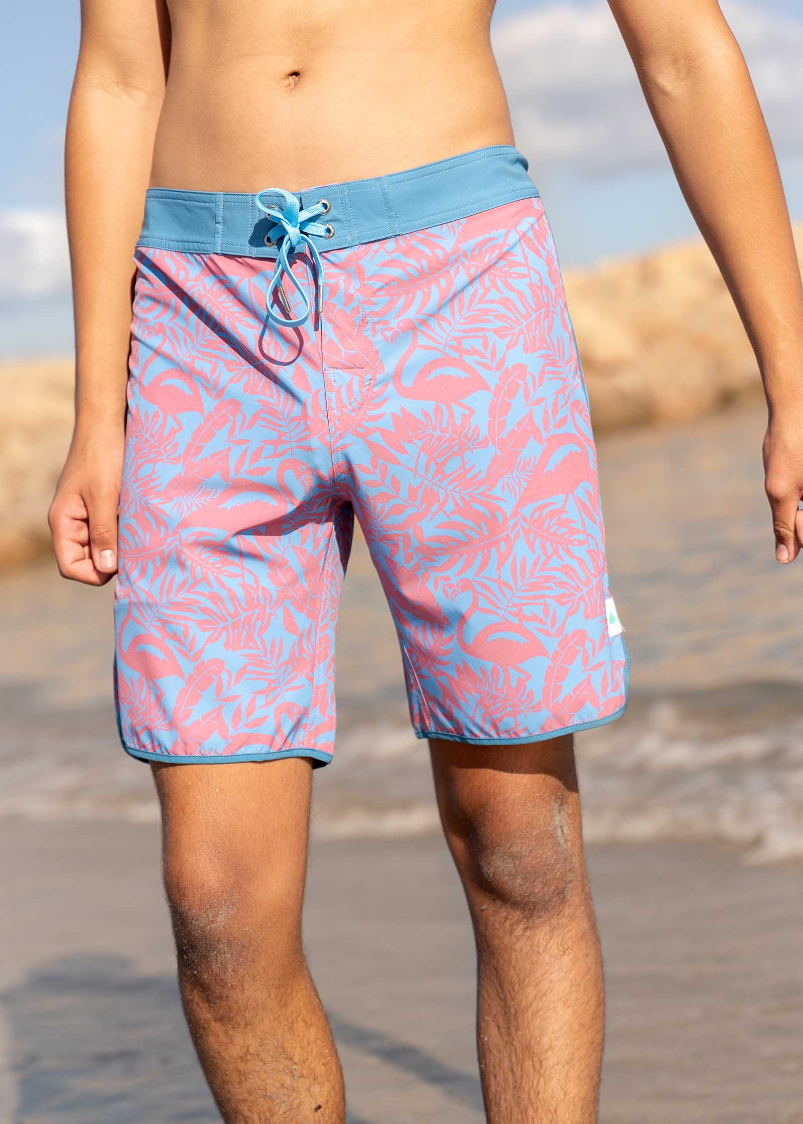 South Beach Boardies Men's Retro Piping Boardies in Catcus print, made from recycled plastic bottles