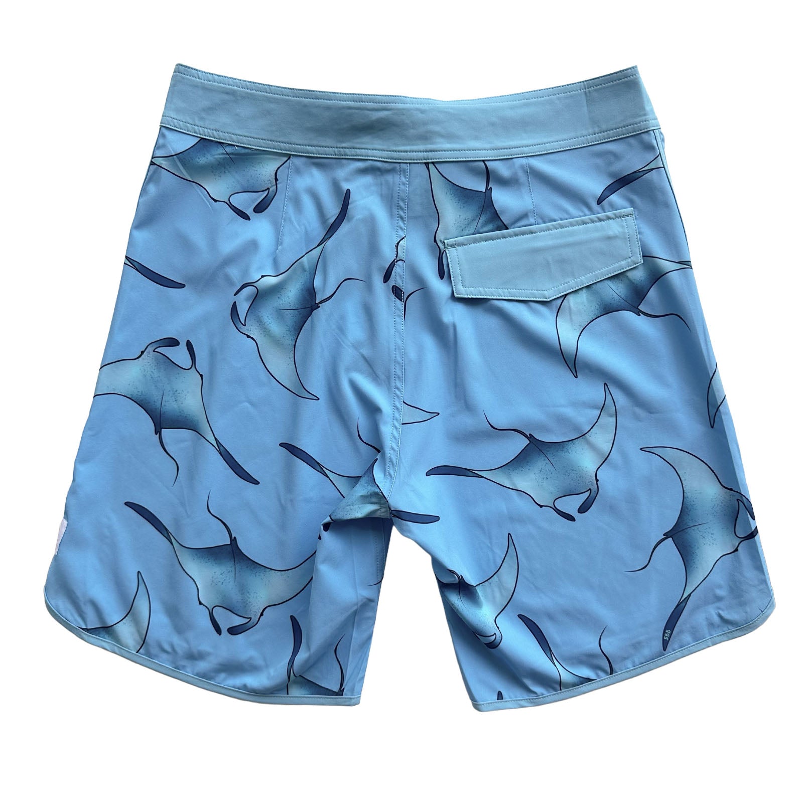South Beach Boardies Men's Retro Piping made from recycled plastic bottles, Manta Rays print, back view