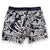 Navy swim shorts with pale sage green Banksia pattern and orange drawstring , made from recycled plastic bottles by South Beach Boardies x Helen Ansell, back view