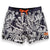 Navy swim shorts with pale sage green Banksia pattern and orange drawstring , made from recycled plastic bottles by South Beach Boardies x Helen Ansell, front view