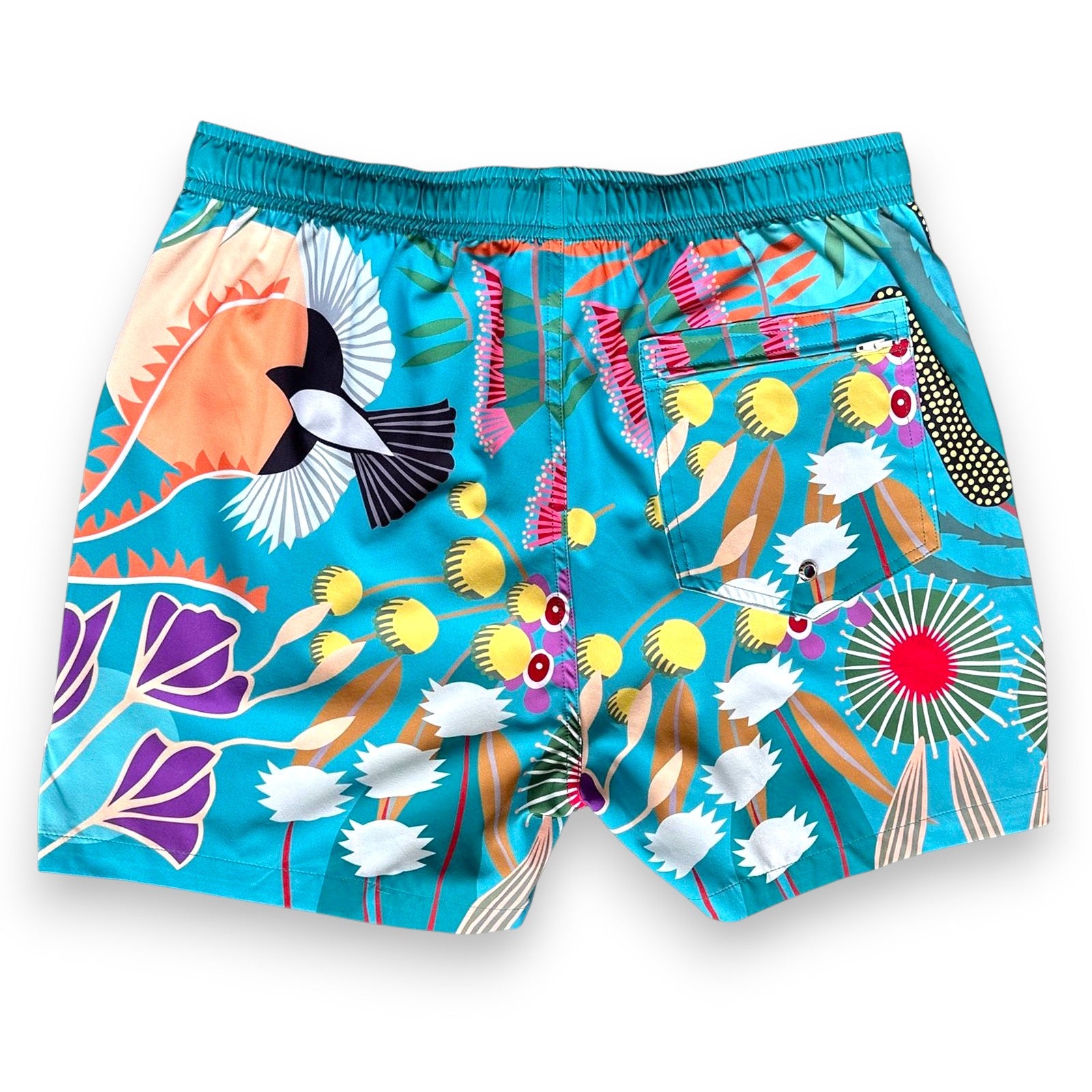 Colourful snd sustainable swim shorts with West Australian  flora and fauna designs, made from recycled plastic bottles from South Beach Boardies x Helen Ansell, back view