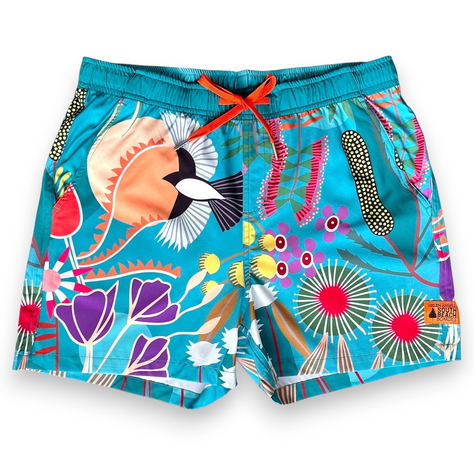 Colourful snd sustainable swim shorts with West Australian  flora and fauna designs, made from recycled plastic bottles from South Beach Boardies x Helen Ansell, front view