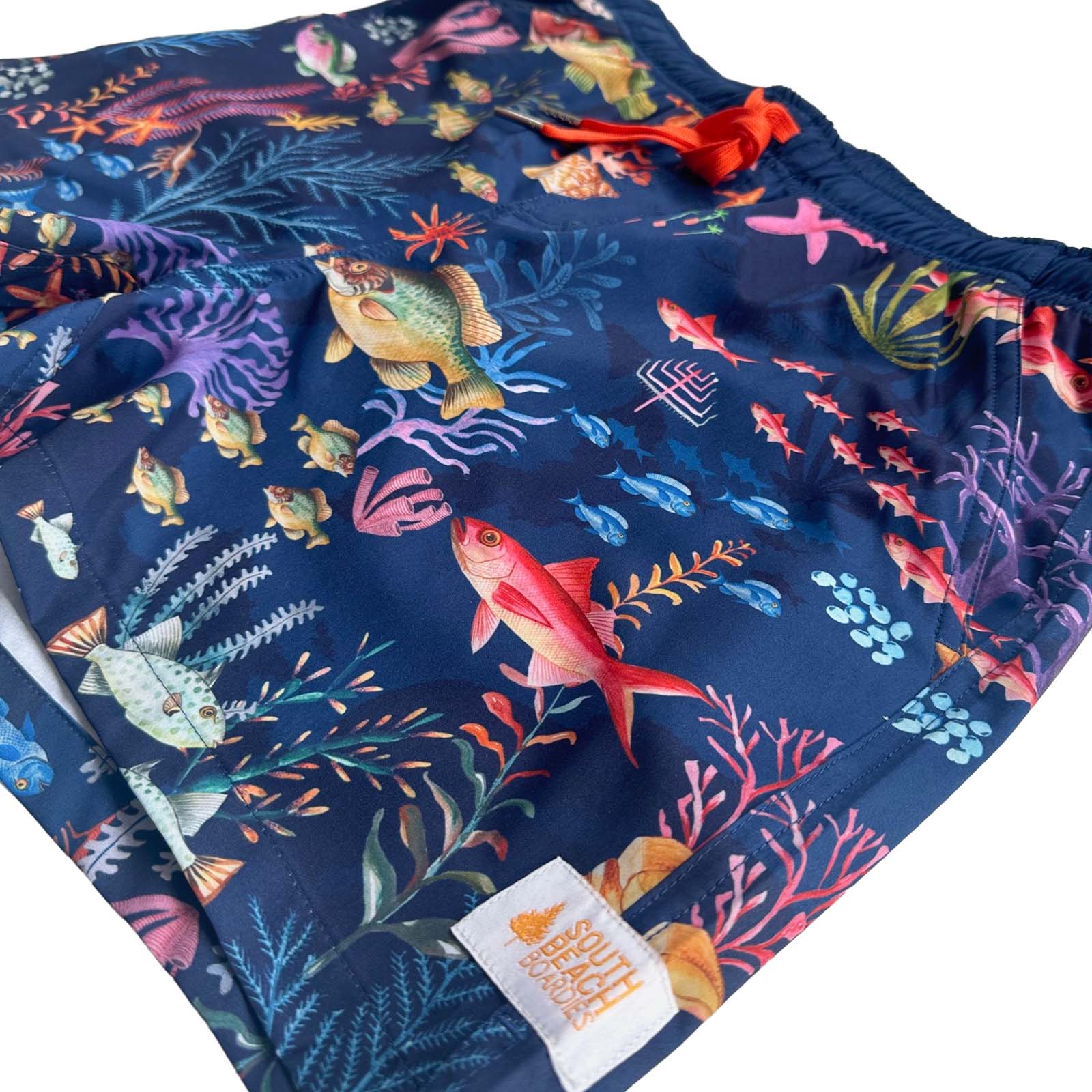 South Beach Boardies Men's Stretchy Trunks made from recycled plastic bottles, Underwater print, side view