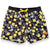 West Australian wattle patterned shorts with yellow flowers and grey leaves on a dark background, by South Beach Boardies x Helen Ansell, front view
