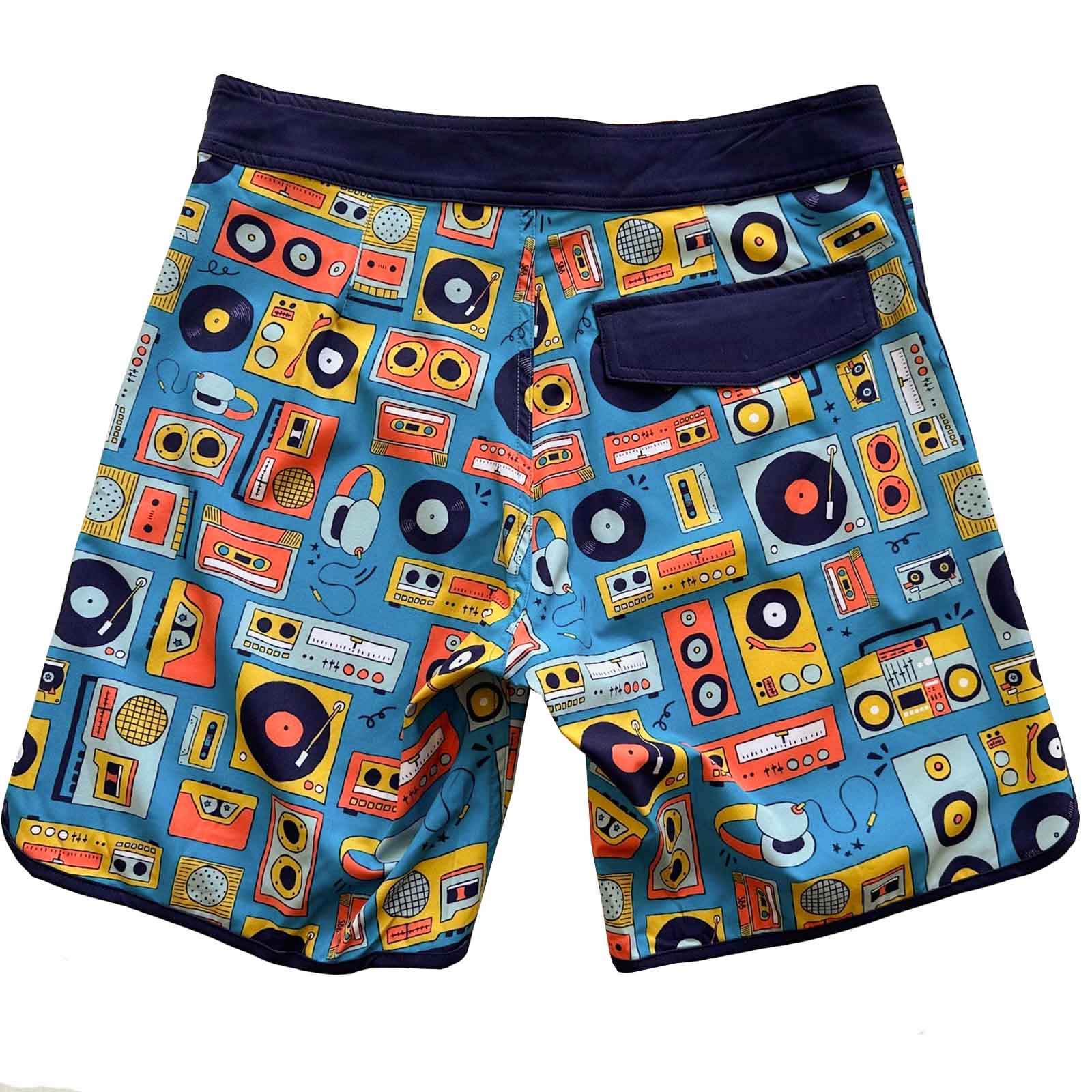 South Beach Boardies Mens Retro Piping boardies made from recycled plastic bottles, Tunes print, back view, record player, cassette tapes. vinyl 