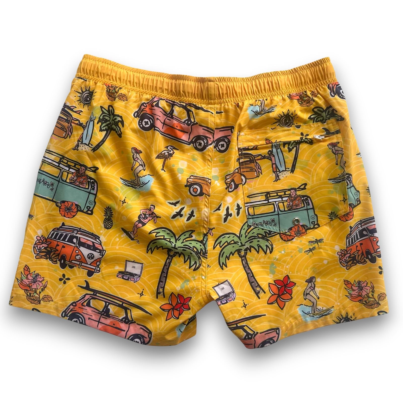 South Beach Boardies Mens Stretchy Trunks made from recycled plastic bottles, YELLOW KOMBI print, back view