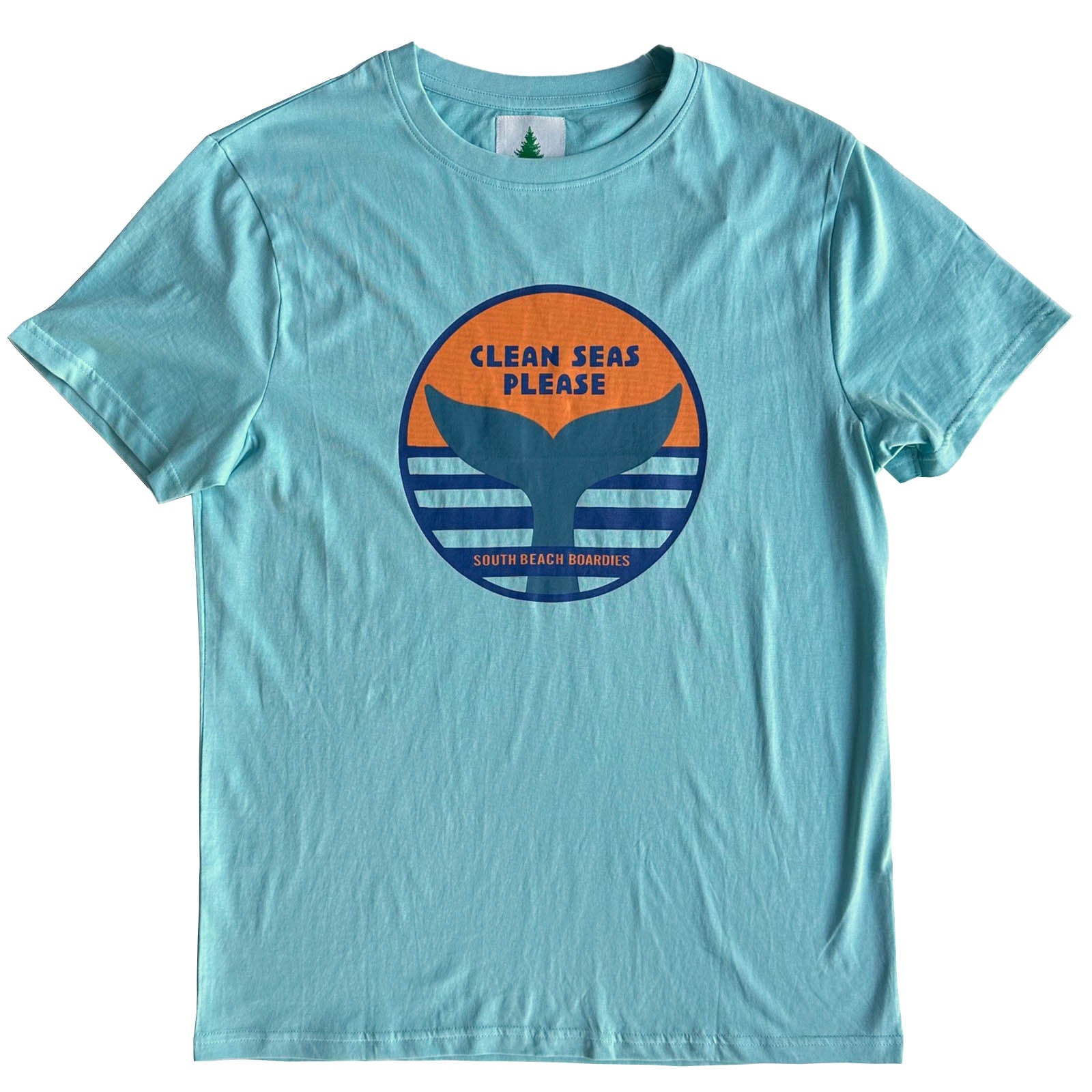 South Beach Boardies Unisex 100% Organic Cotton T-shirt, Tail Clean Seas Please design, front .jpg