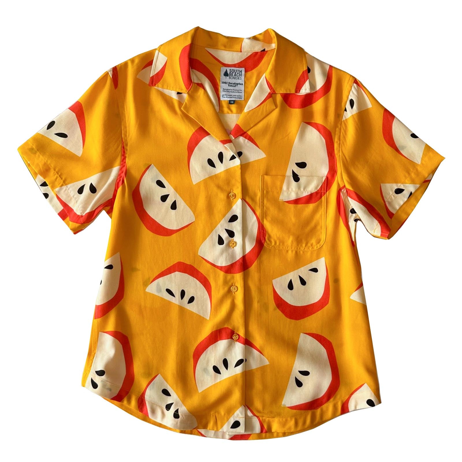 South Beach Boardies Women's Eucalyptus Tencel Cubano shirt in She'll be Apples print, font view