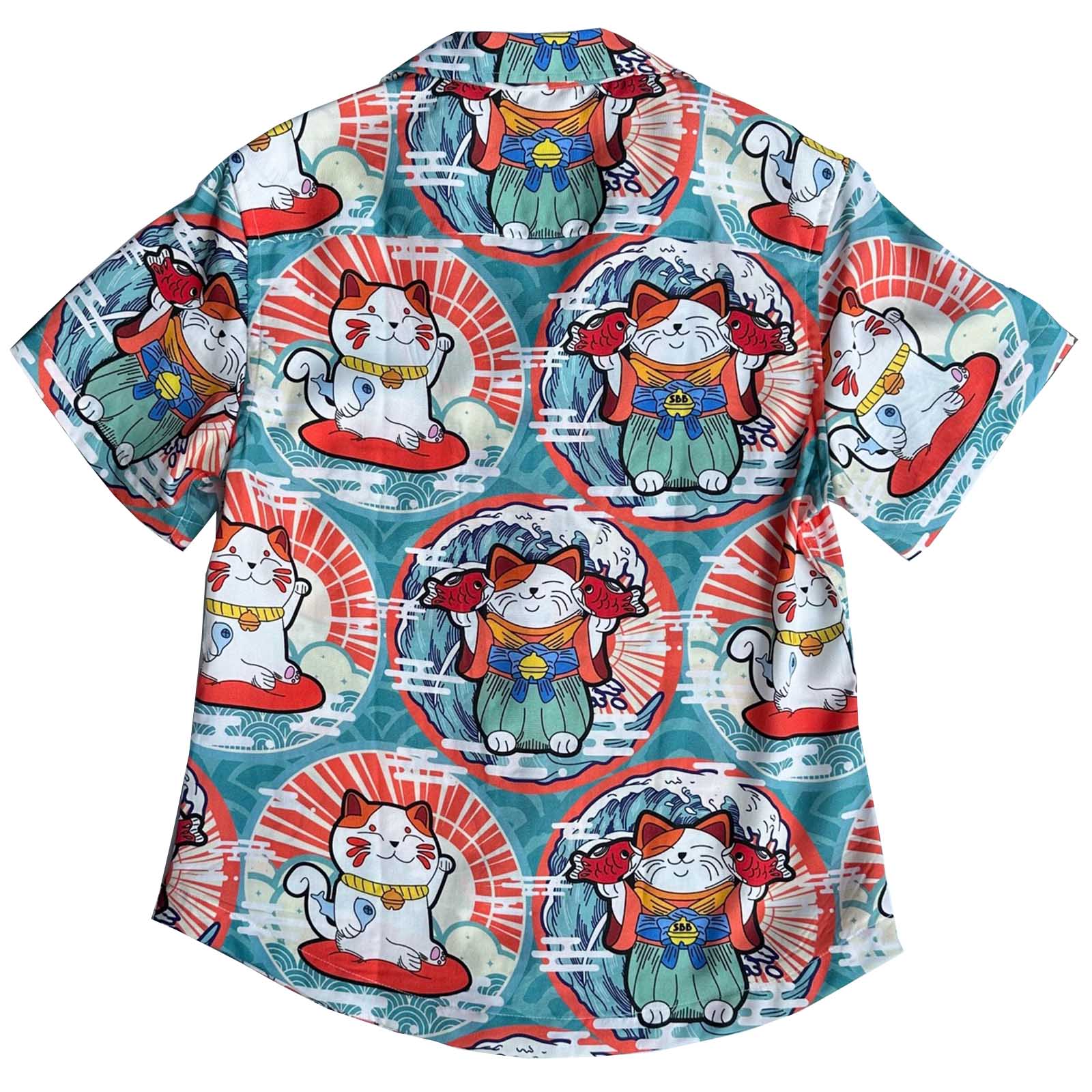 South Beach Boardies Women's Eucalyptus Tencel Cubano shirt in Maneki Neko, back view.