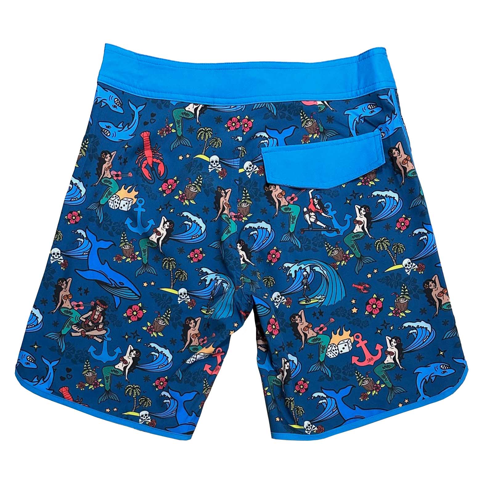 South Beach Boardies made from Recycled Plastic Bottles Mens Retro Piping boardies made from recycled plastic bottles, Beach Party Mermaid print, backview