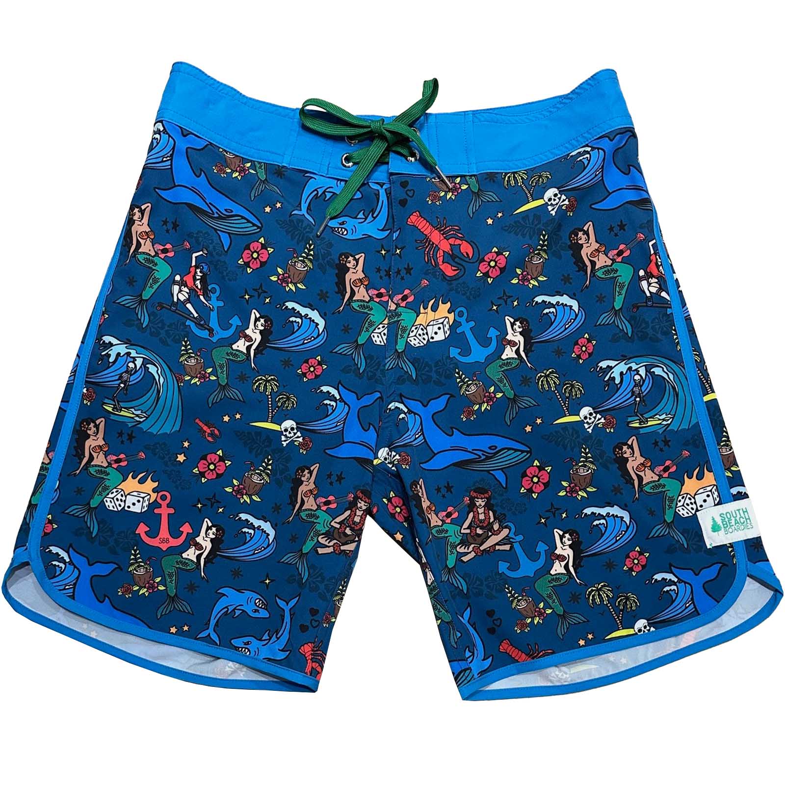 South Beach Boardies made from Recycled Plastic Bottles Mens Retro Piping boardies made from recycled plastic botles, Beach Party Mermaid print, Front view