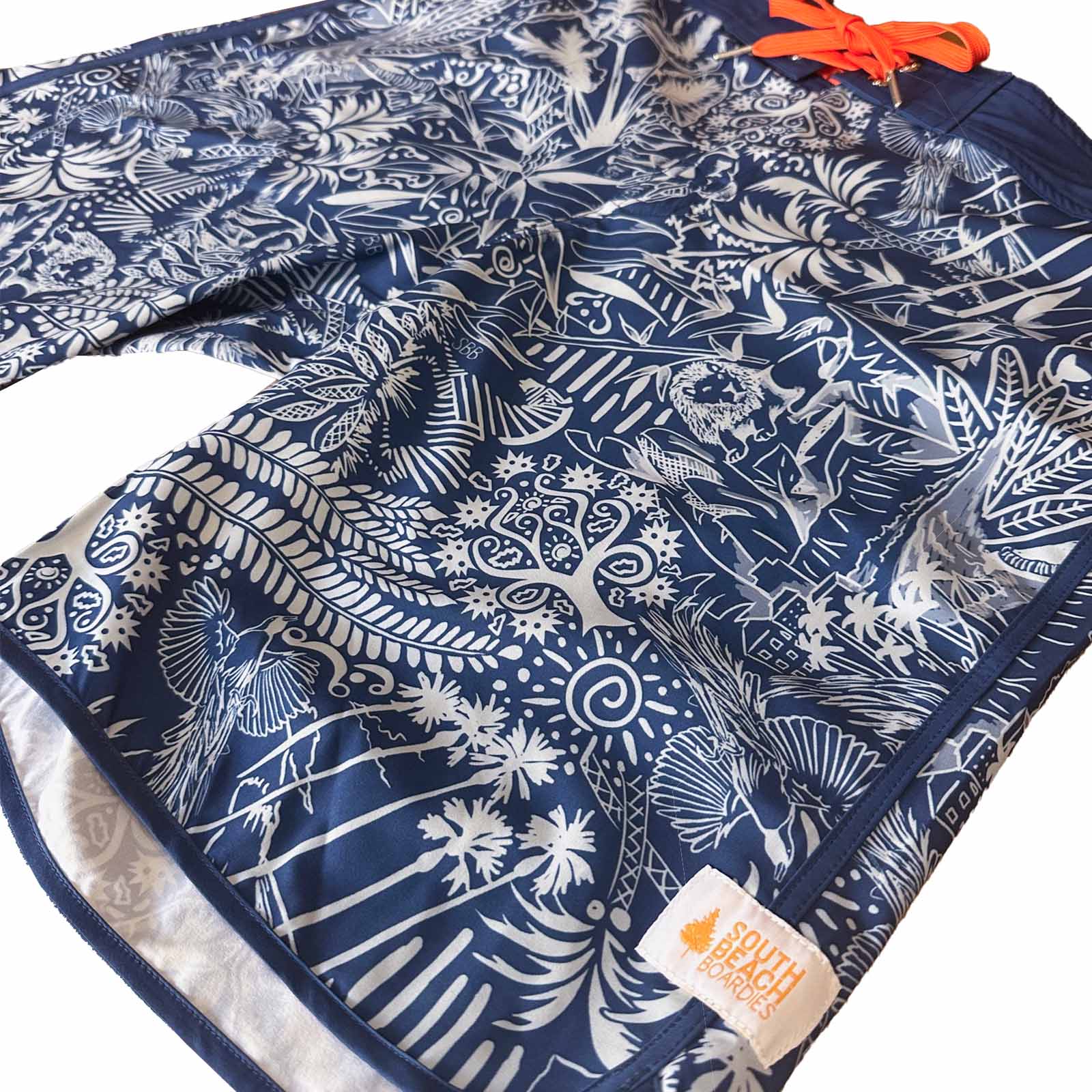 South Beach Boardies made from Recycled Plastic Bottles Mens Retro Piping boardies made from recycled plastic botles, Wild print, close up side view