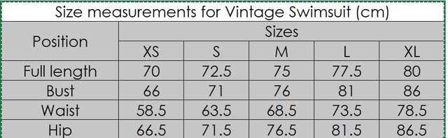 Table displaying size measurements for South Beach Boardies vintage style swimsuit made from recycled plastic bottles in centimeters.