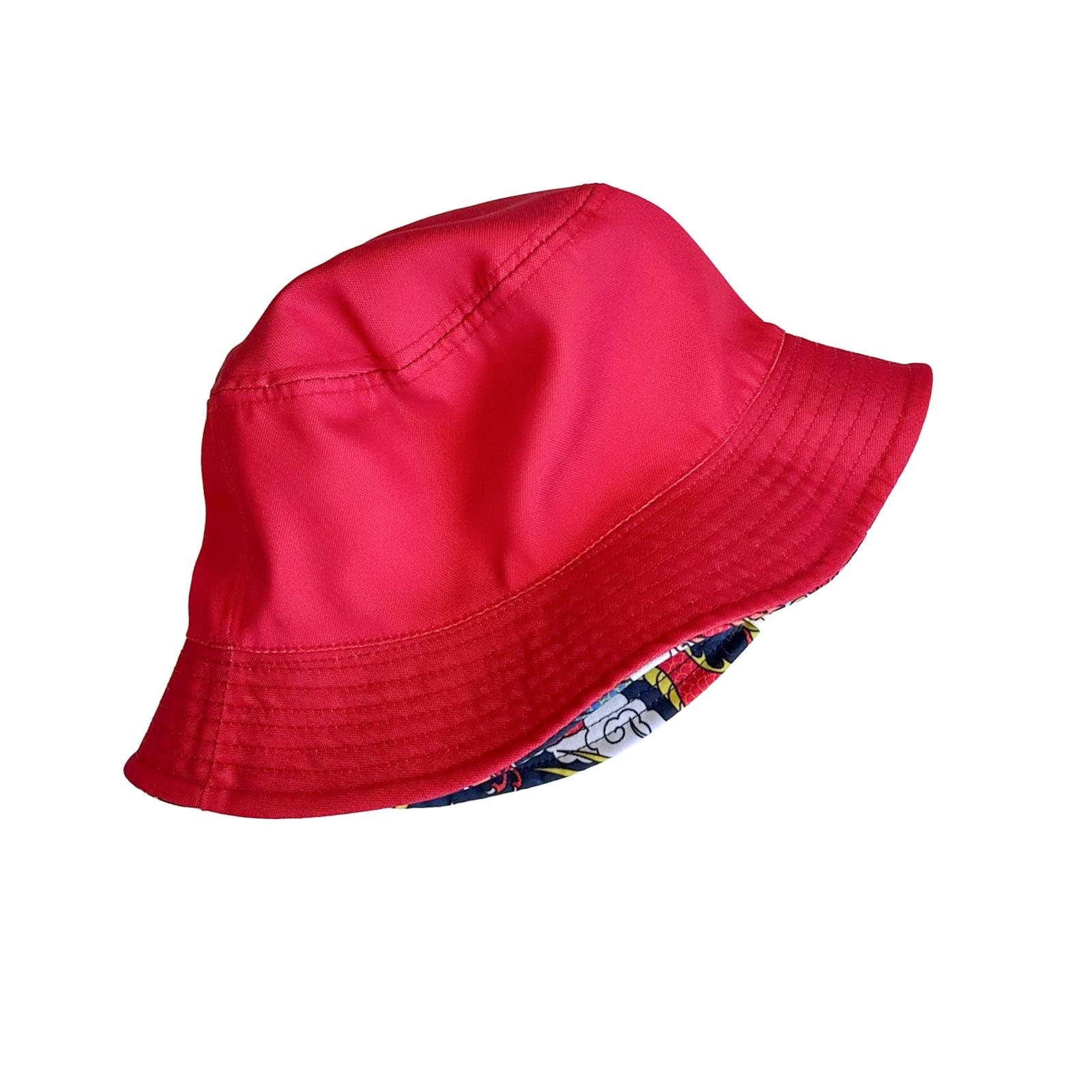 South Beach Boardies reversible bucket hat from recycled plastic bottles, solid print side, Year of the Dragon print, reverse berry colour