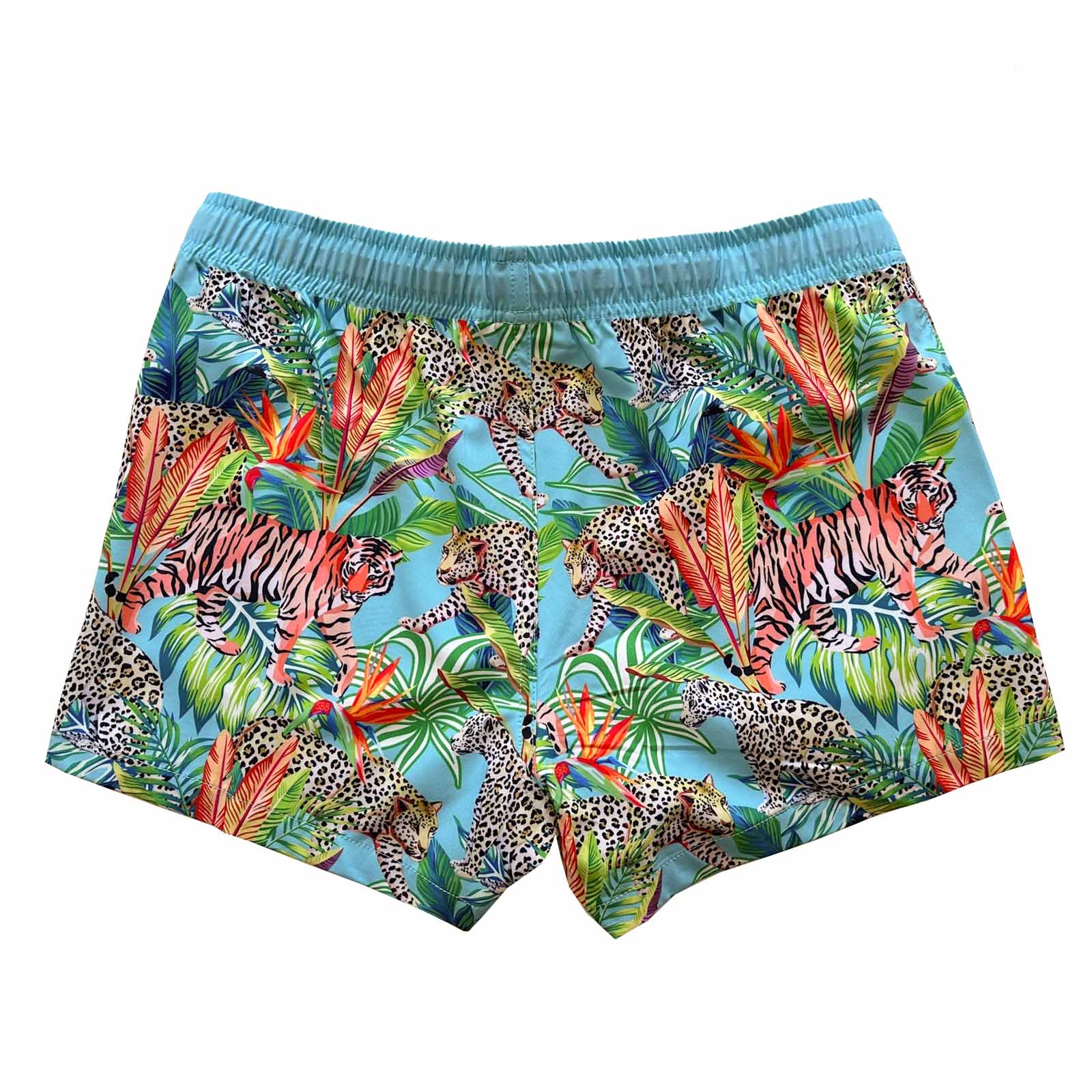 South Beach Boardies sustainable Women's Stretchy Shiorts Boardies made from recycled plastic bottles, Jungle Brothers print, back view