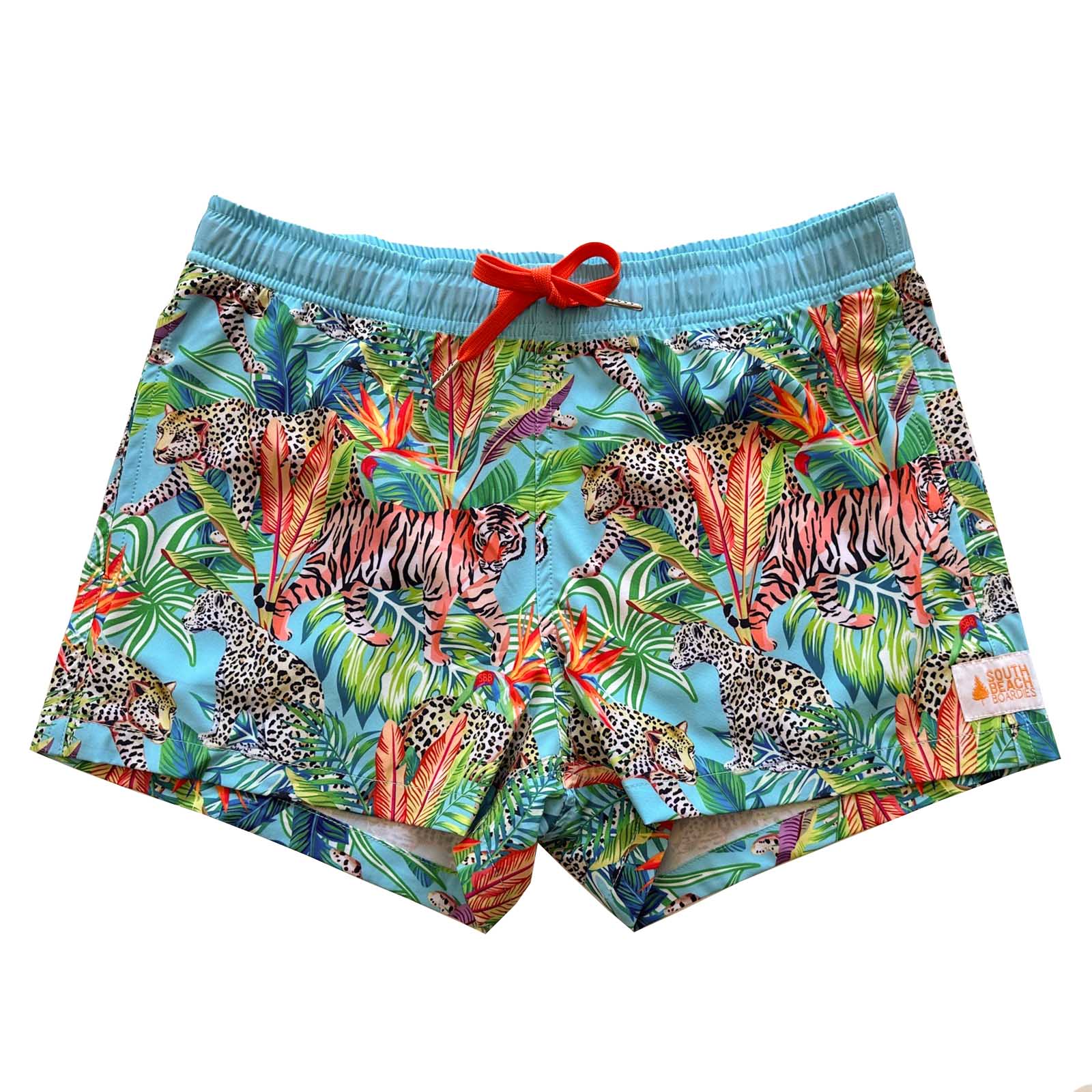 South Beach Boardies sustainable Women's Stretchy Shiorts Boardies made from recycled plastic bottles, Jungle Brothers print, front 