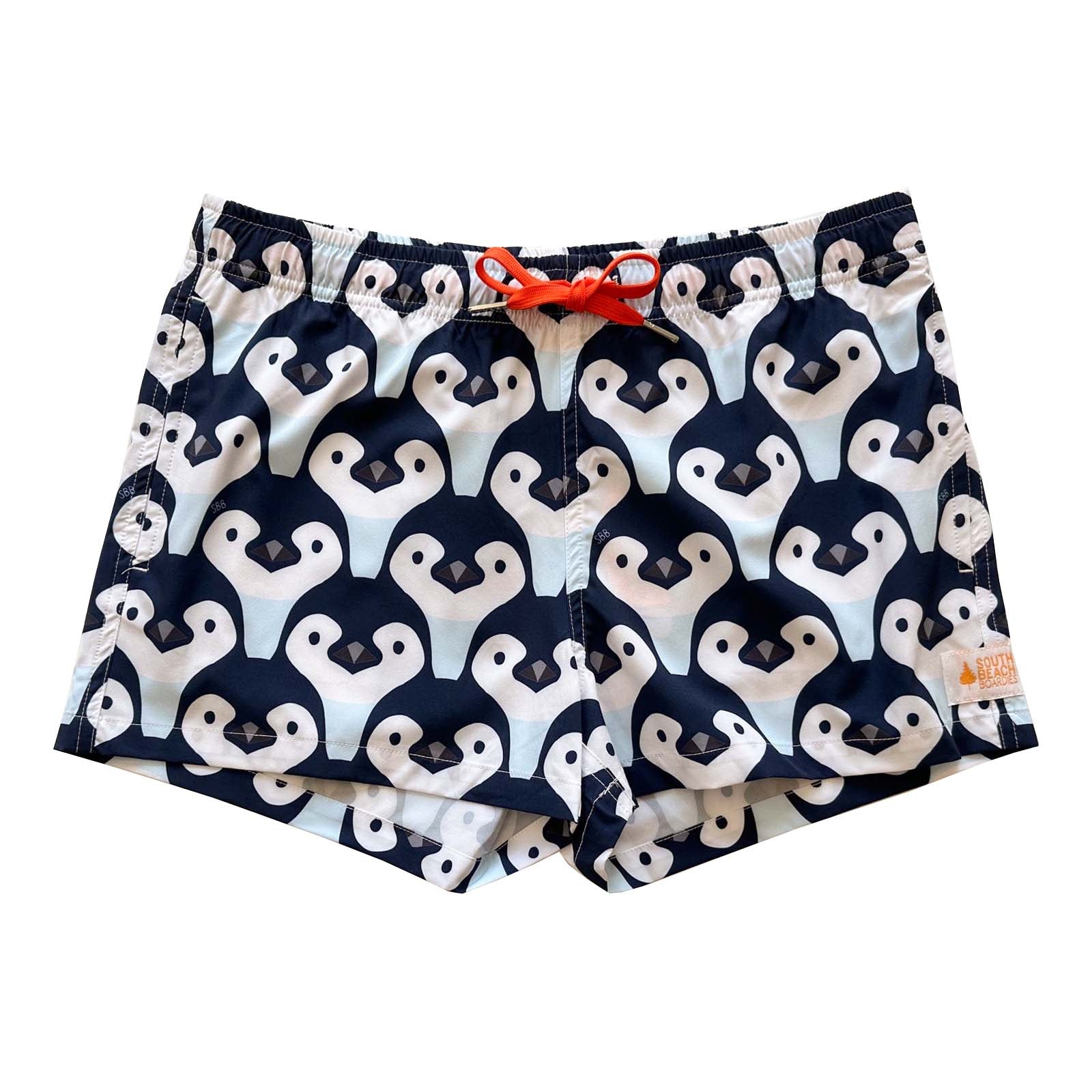 South Beach Boardies sustainable Women's Stretchy Shiorts Boardies made from recycled plastic bottles, Penguin Parade print, front 
